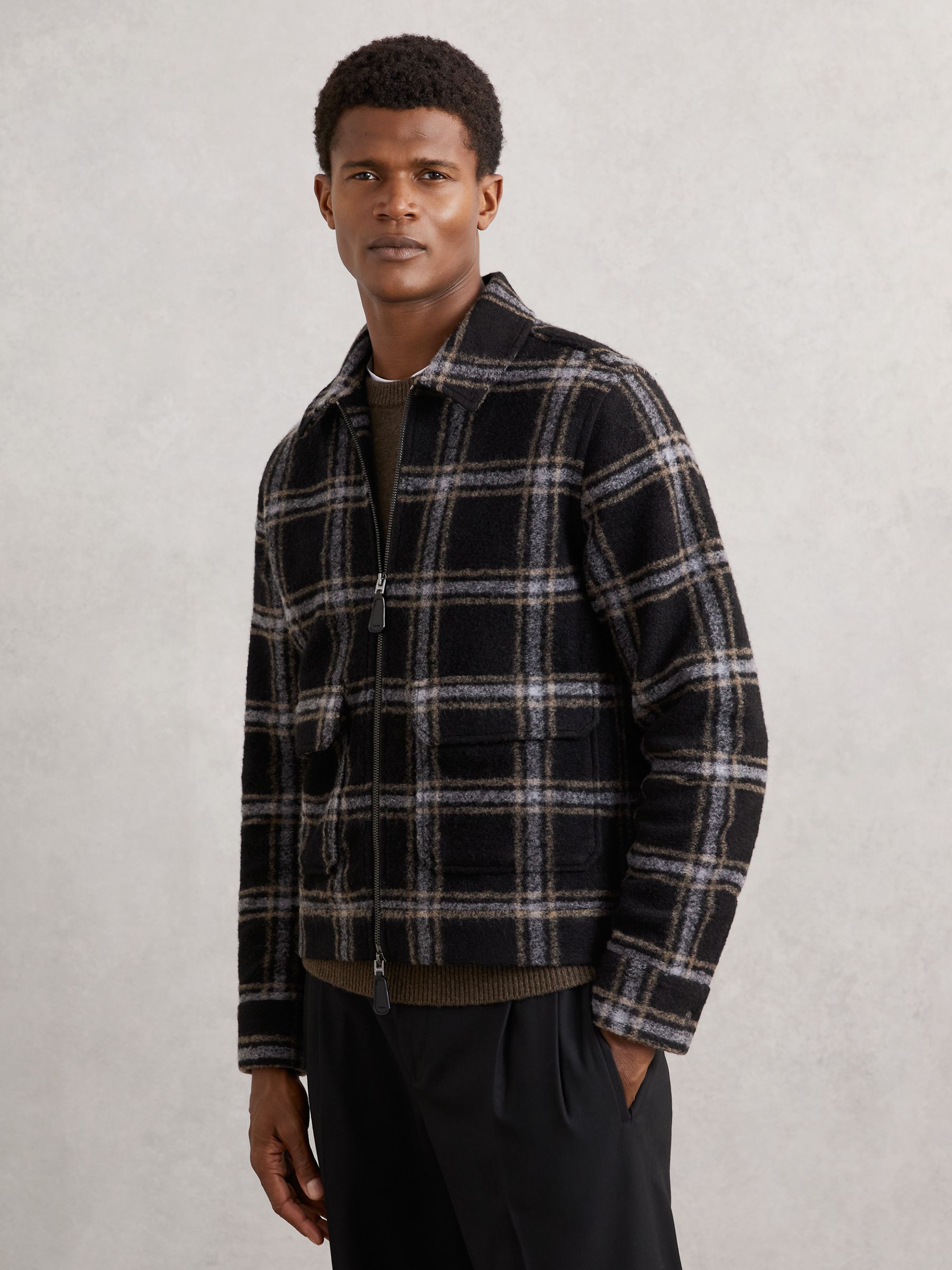 Zip-Through Check Overshirt with Wool in Navy
