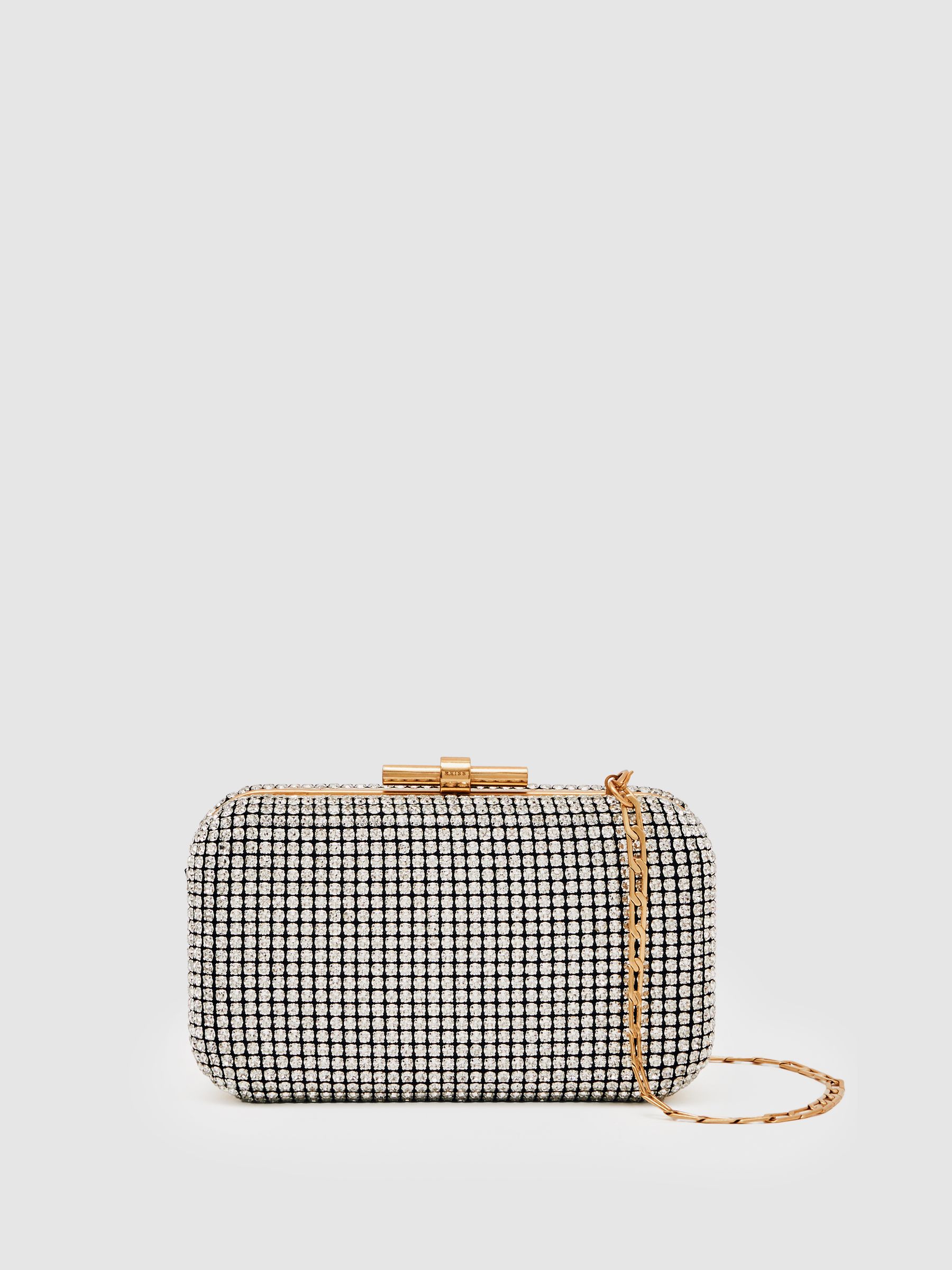 Crystal-Embellished Box Clutch Bag in Silver
