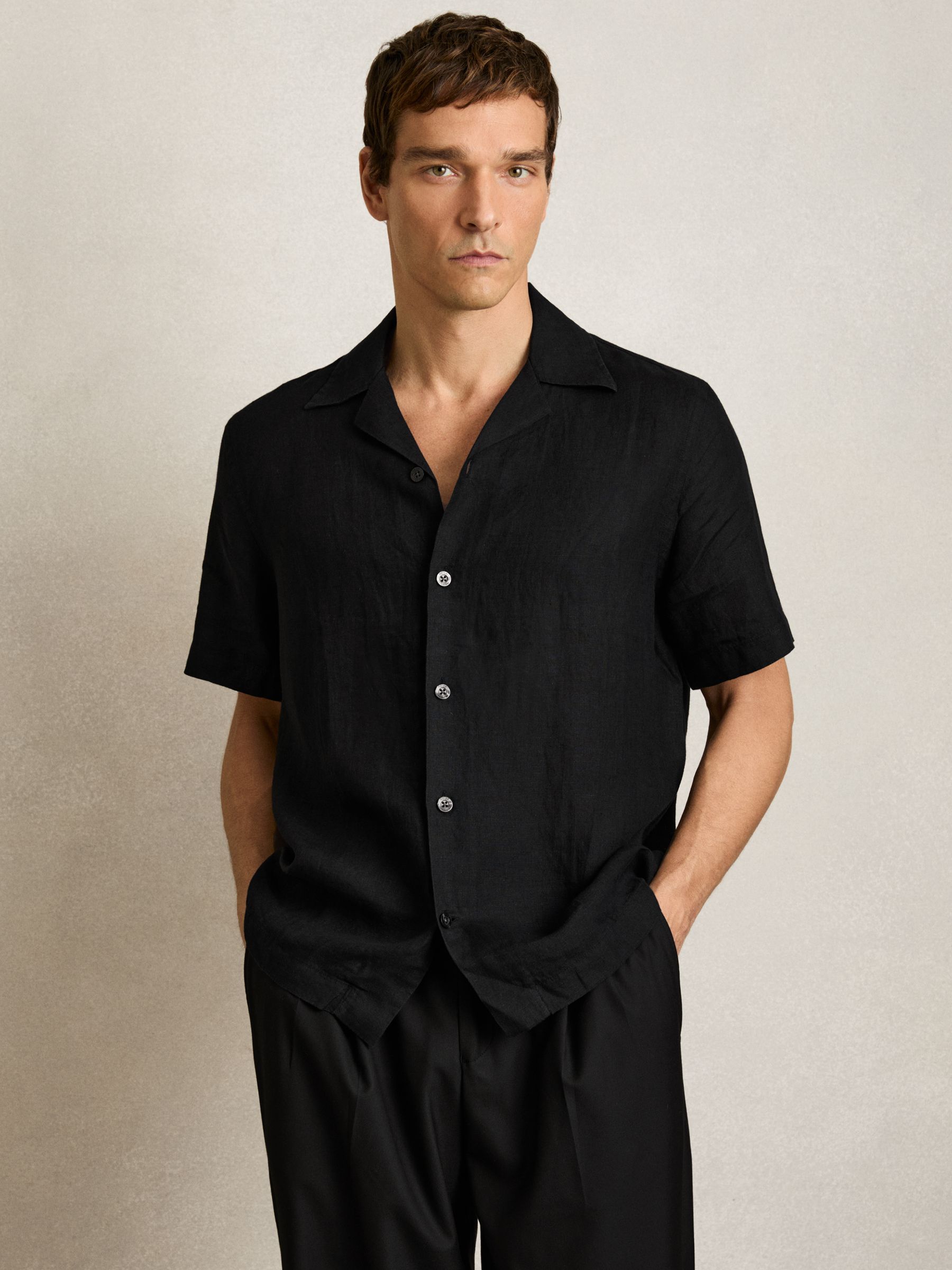 Linen Cuban-Collar Shirt in Black