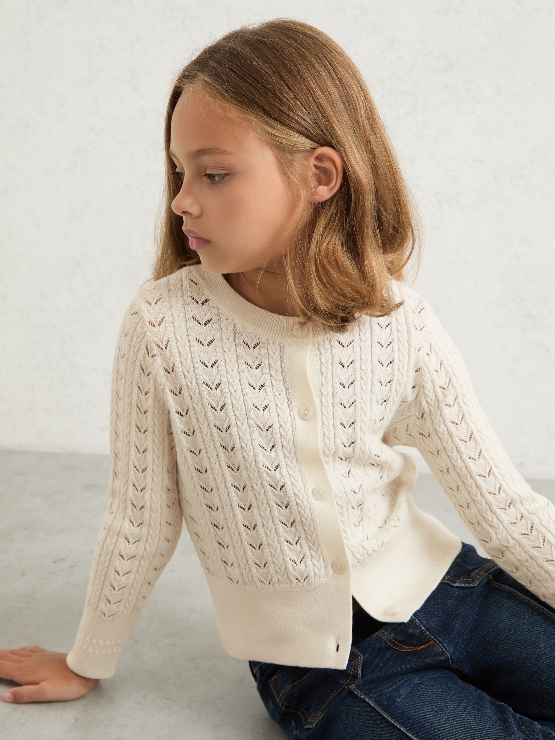 3-9 yrs Wool-Cotton Pointelle Cardigan in Ivory