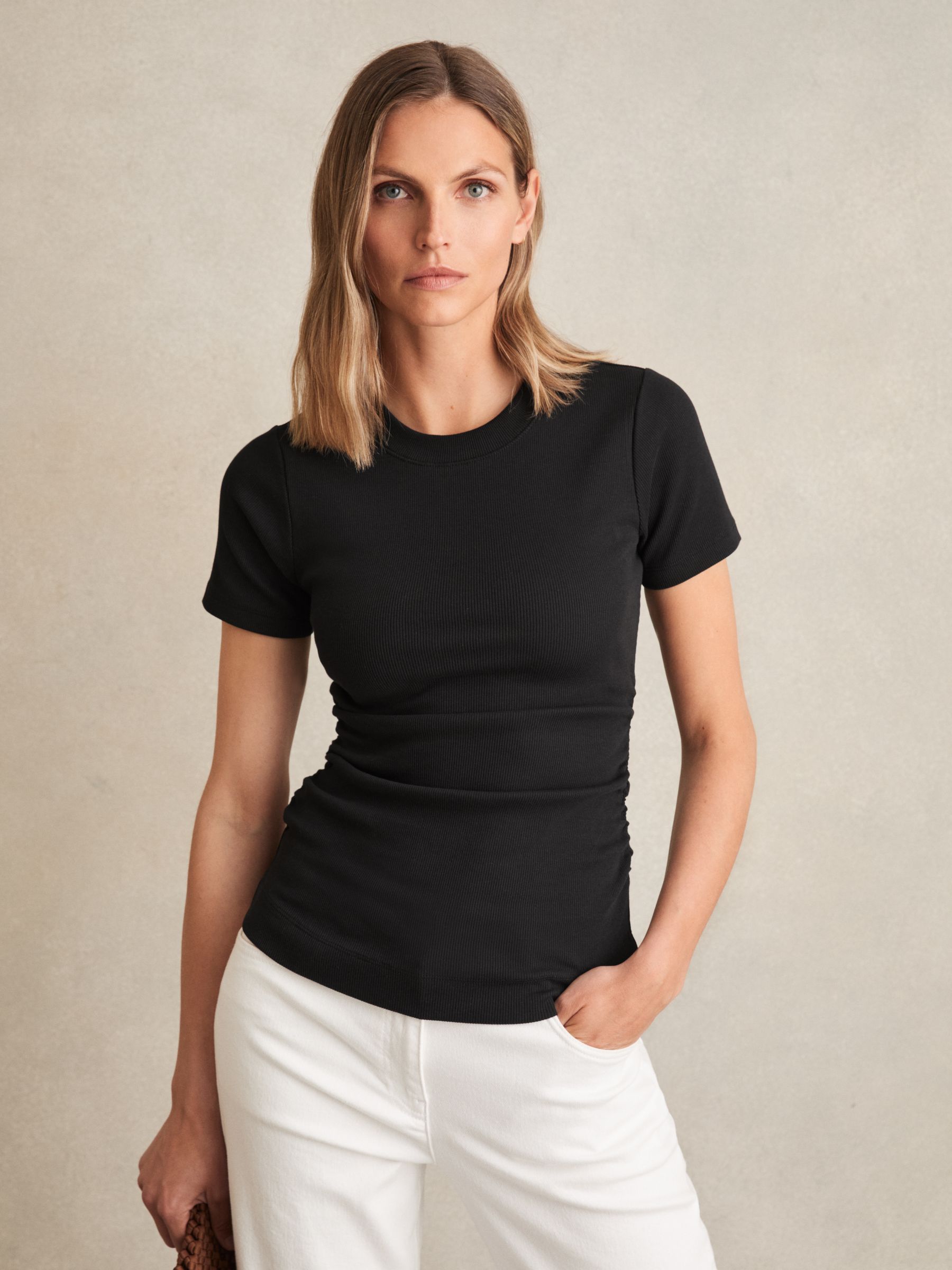 Stretch-Cotton Ruched Ribbed T-Shirt in White