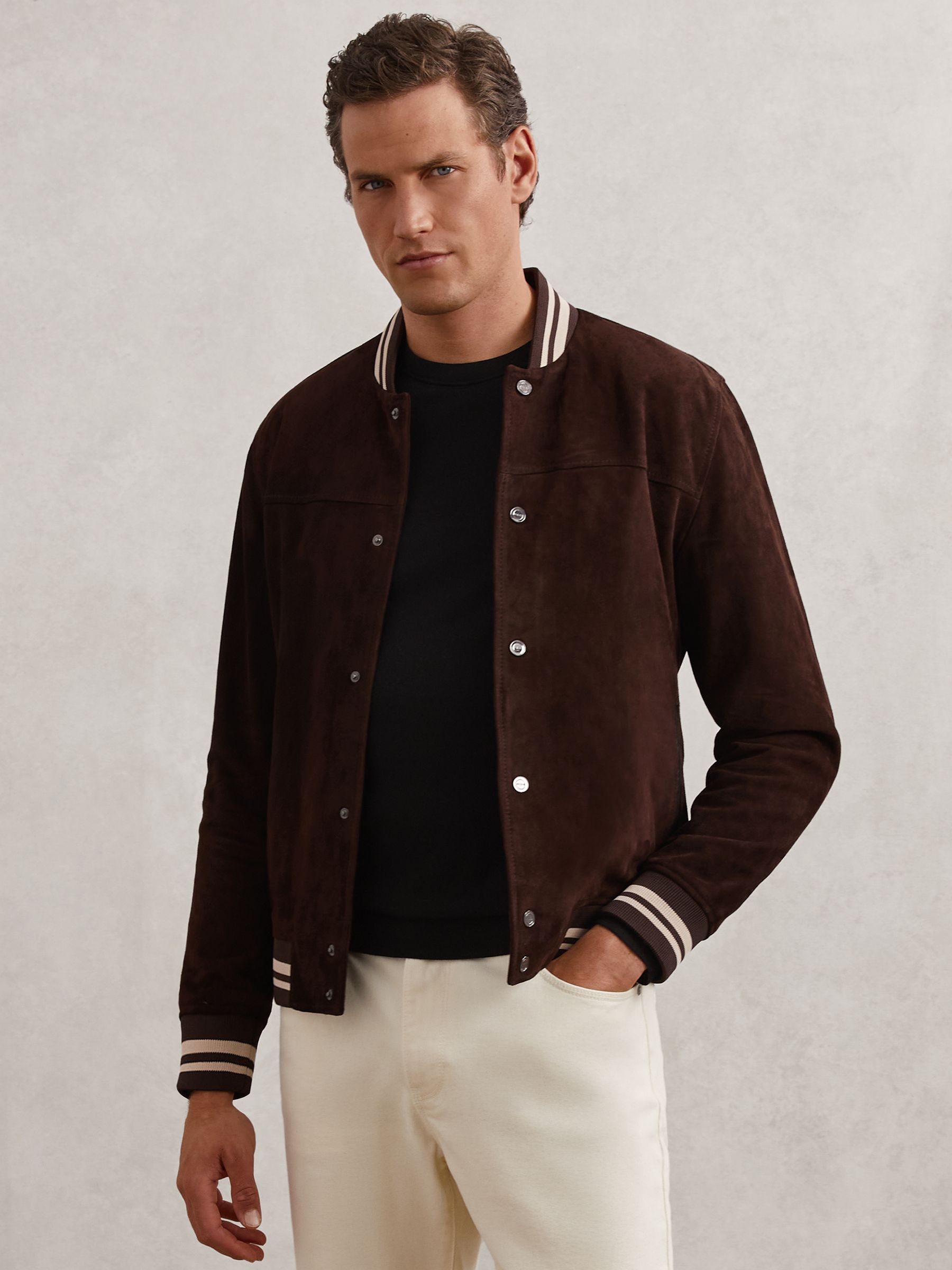 Suede Stripe-Trim Bomber Jacket in Chocolate Brown