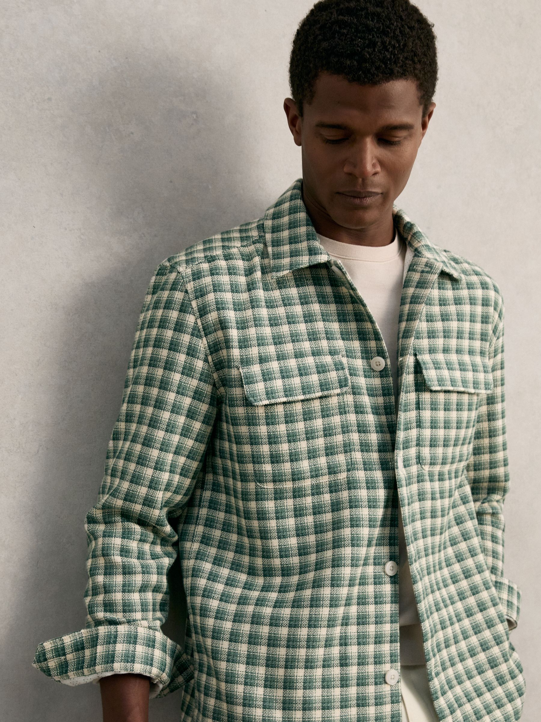 Woven Check Twin Pocket Overshirt in Green Multi