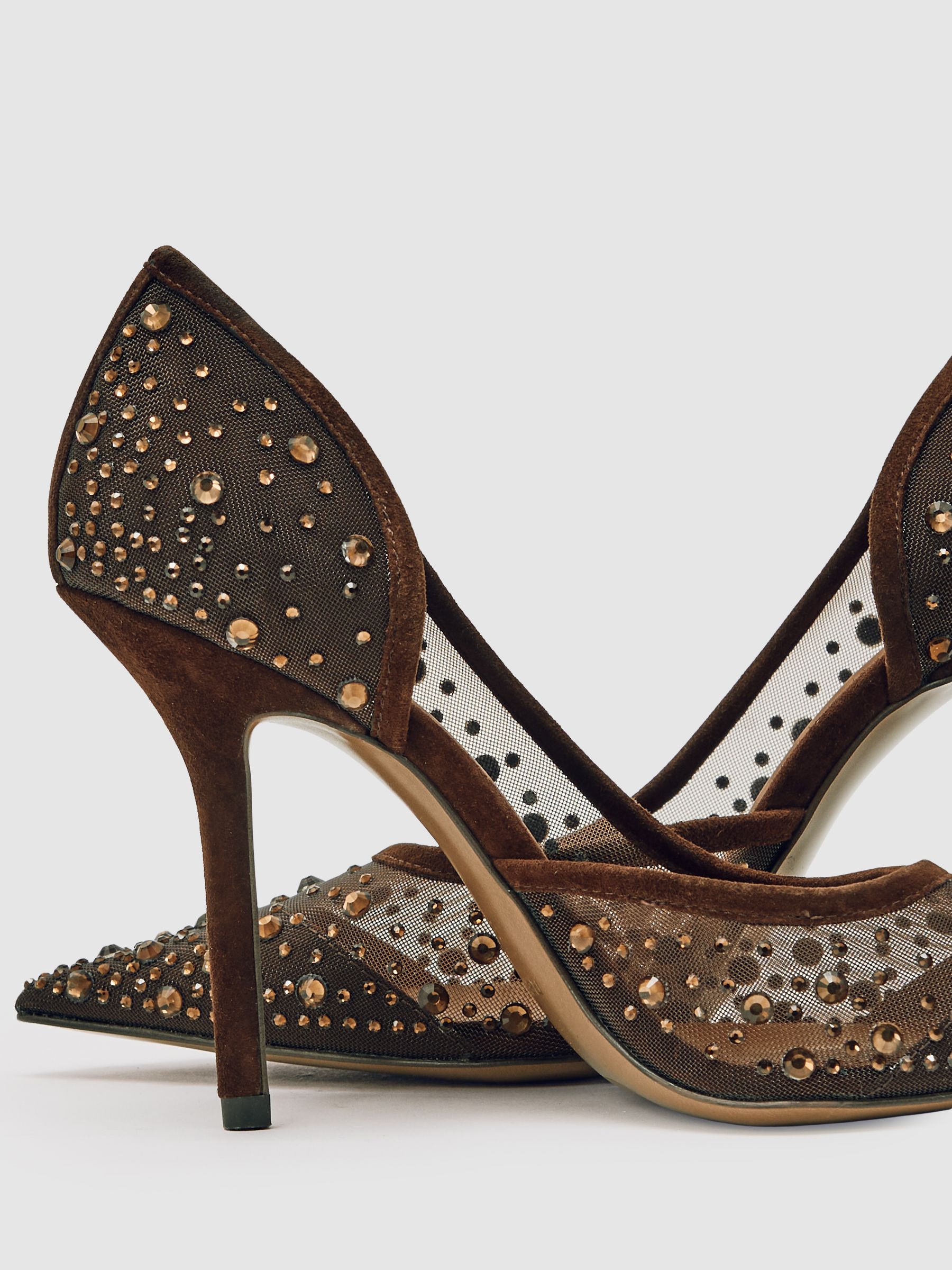 Crystal Embellished Mesh Court Shoes in Chocolate