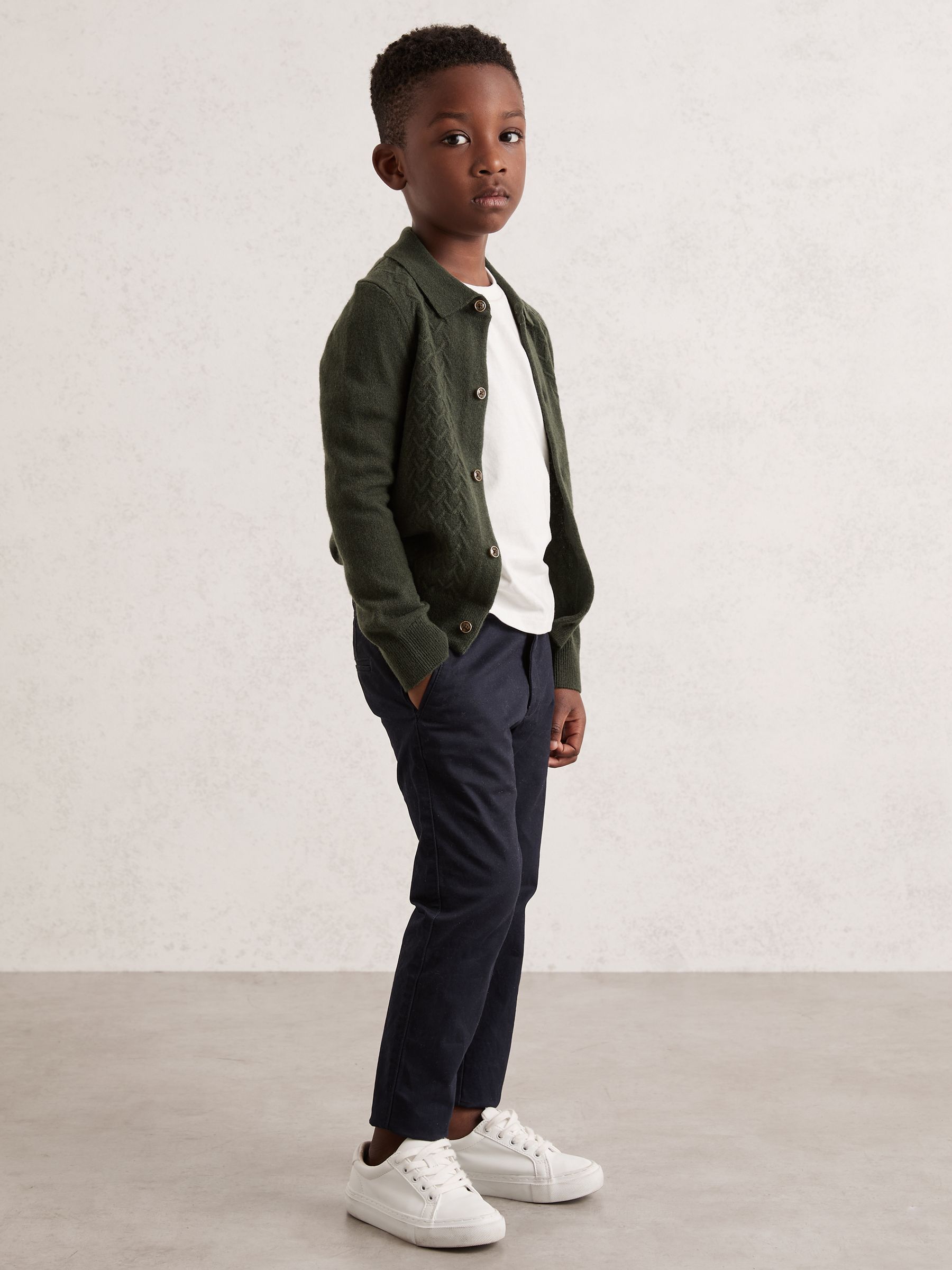 3-9 yrs Wool V-Stitch Button-Through Cardigan in Forest Green