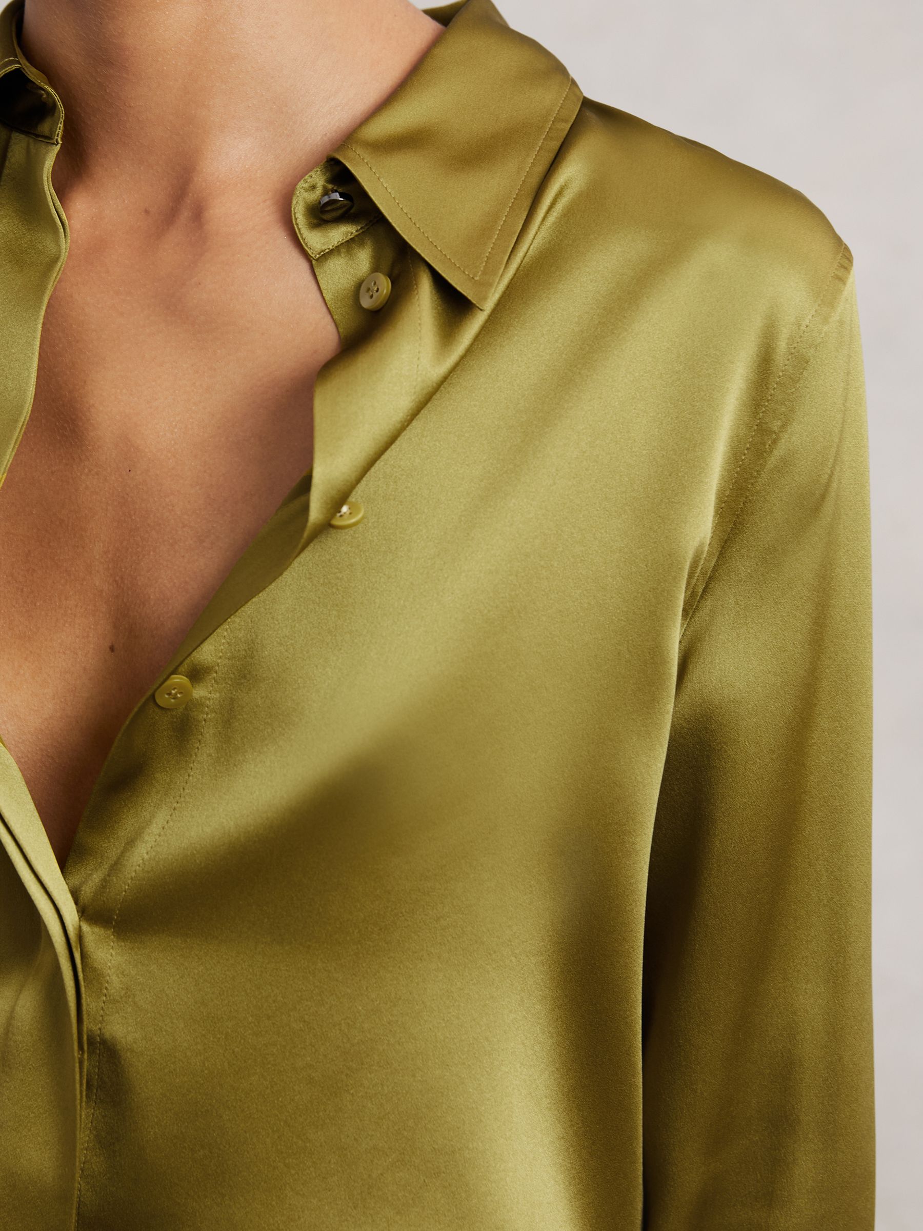 Silk-Satin Concealed-Placket Shirt in Light Green