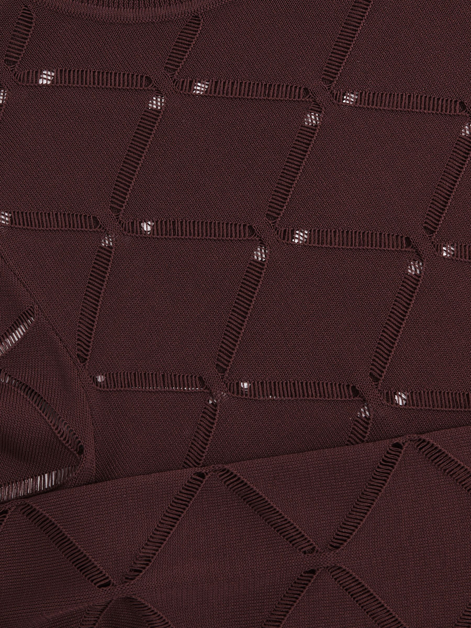 Laser-Cut Funnel-Neck Knit Top in Burgundy