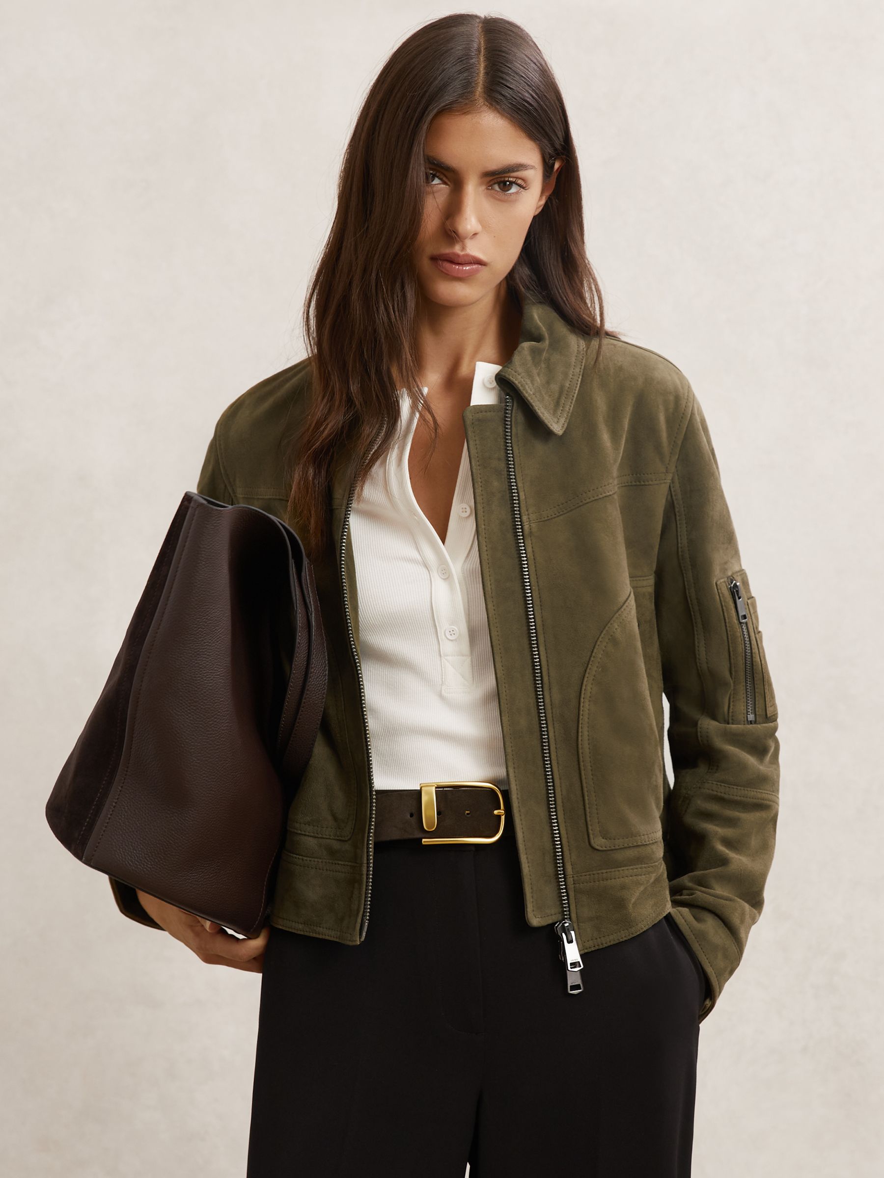 Suede Zip-Through Jacket in Khaki Green