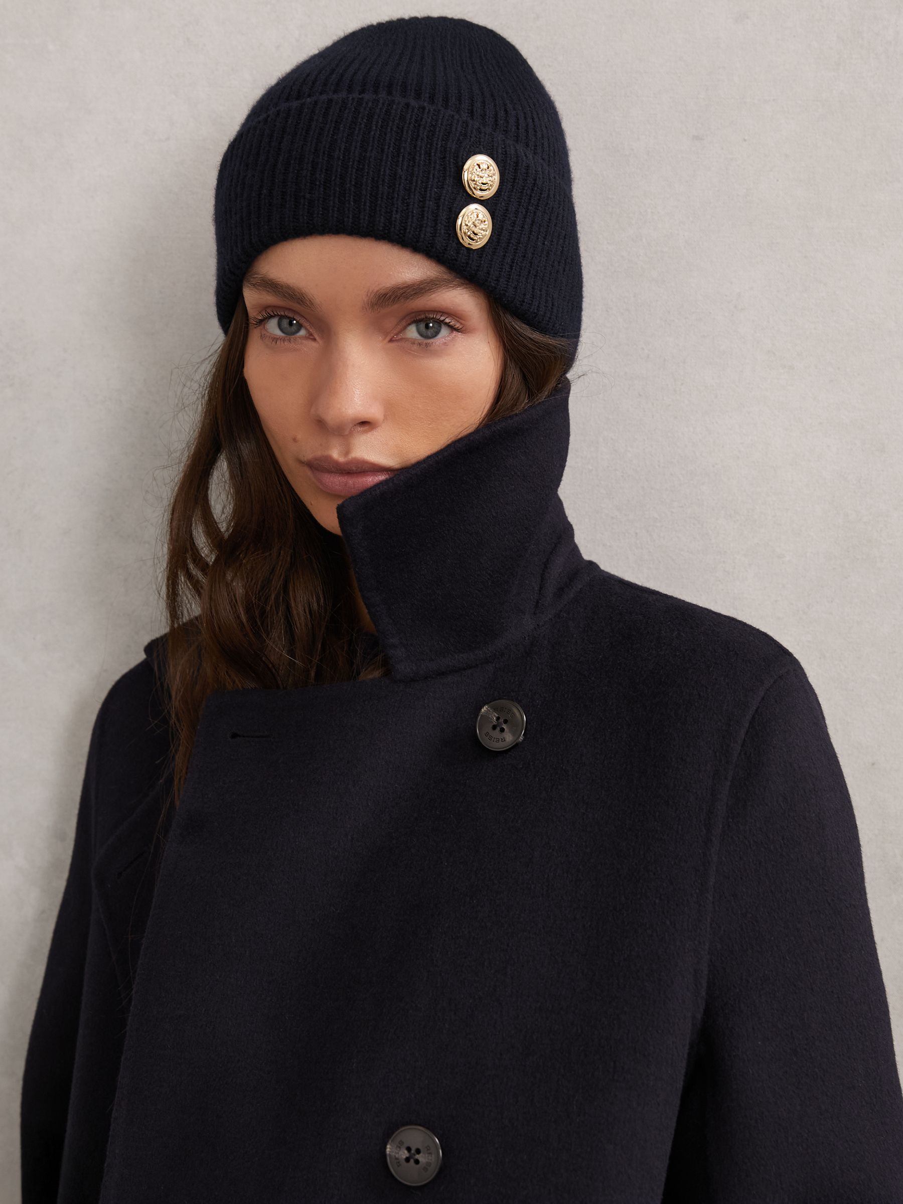 Merino Wool Blend Button Beanie With Cashmere in Navy