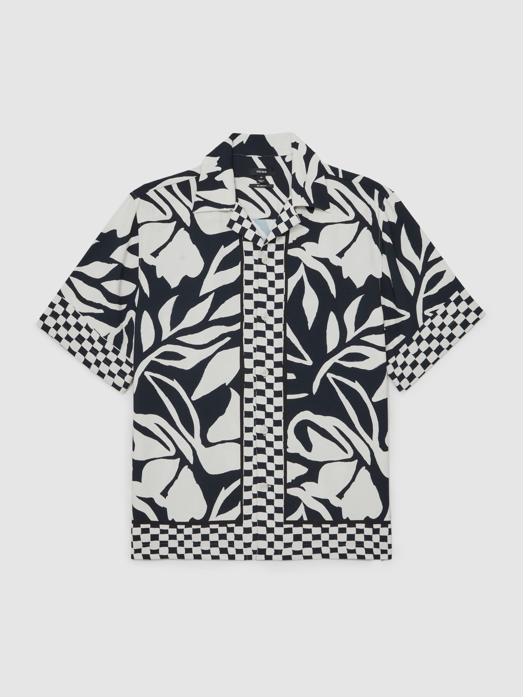 Floral-Print Cuban-Collar Shirt in Navy/White