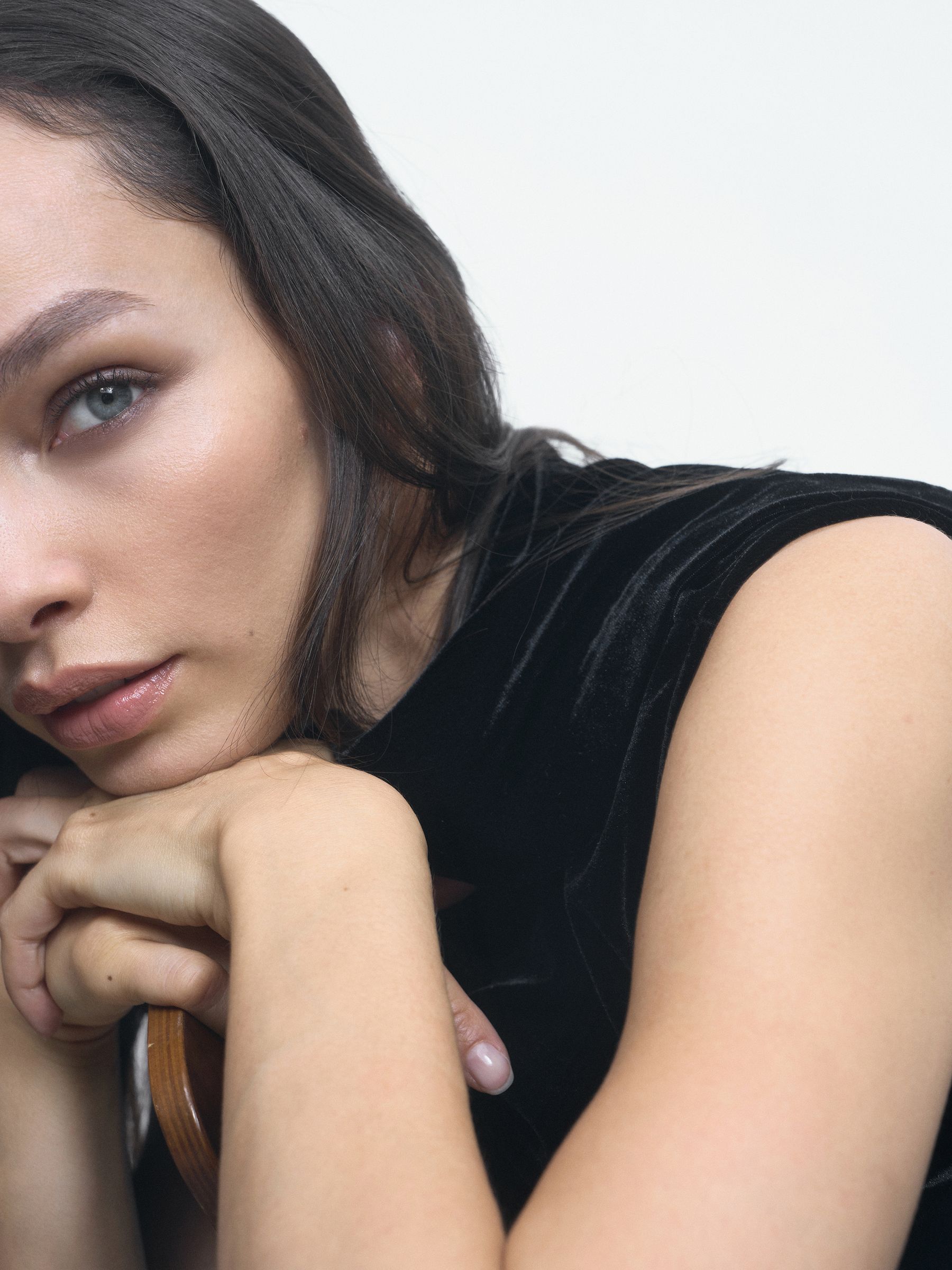 Velvet Draped-Neck Ruched Midi Dress in Black