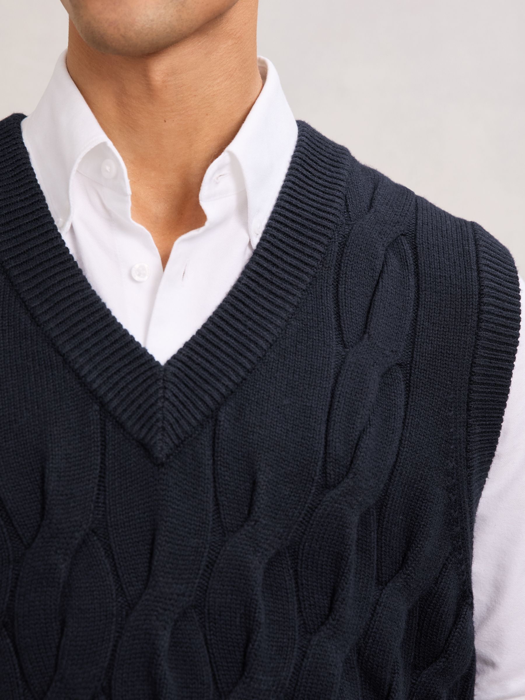 Cable-Knit V-Neck Vest with Wool in Navy