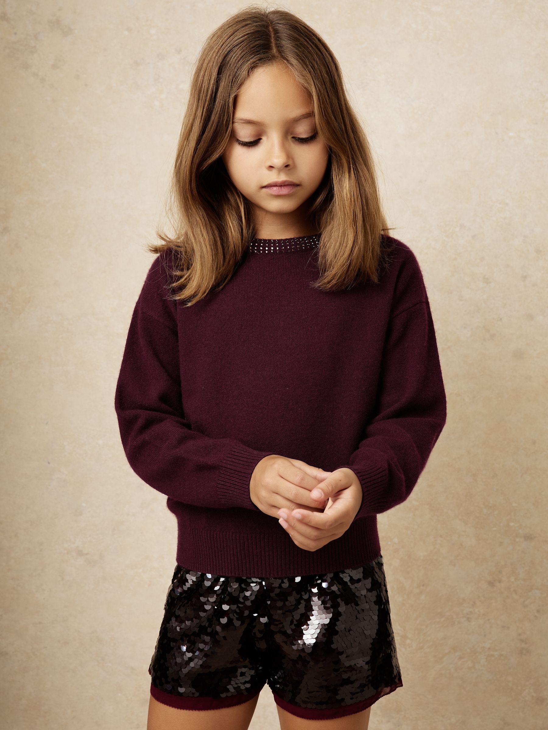 9-13 yrs Wool-Blend Crystal-Neckline Jumper With Cashmere in Berry