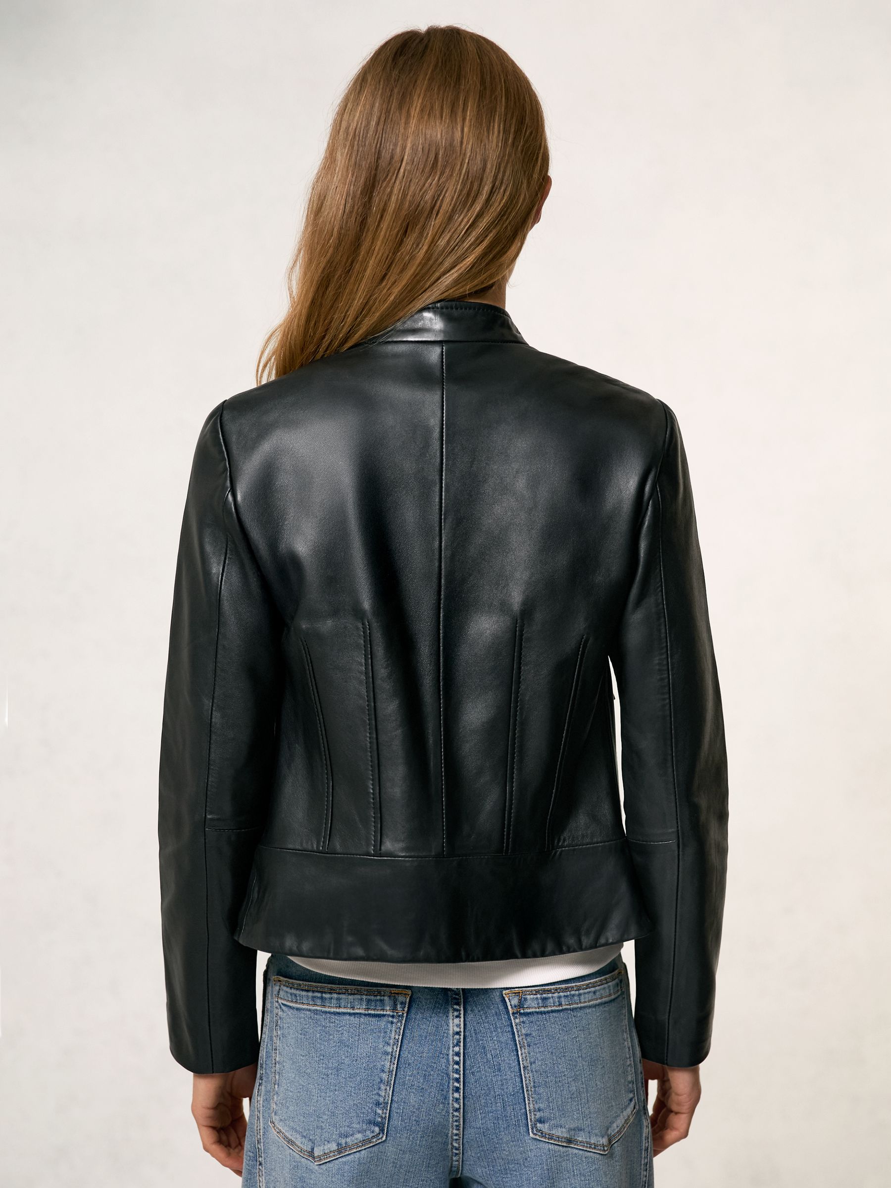 Leather Collarless Biker Jacket in Black