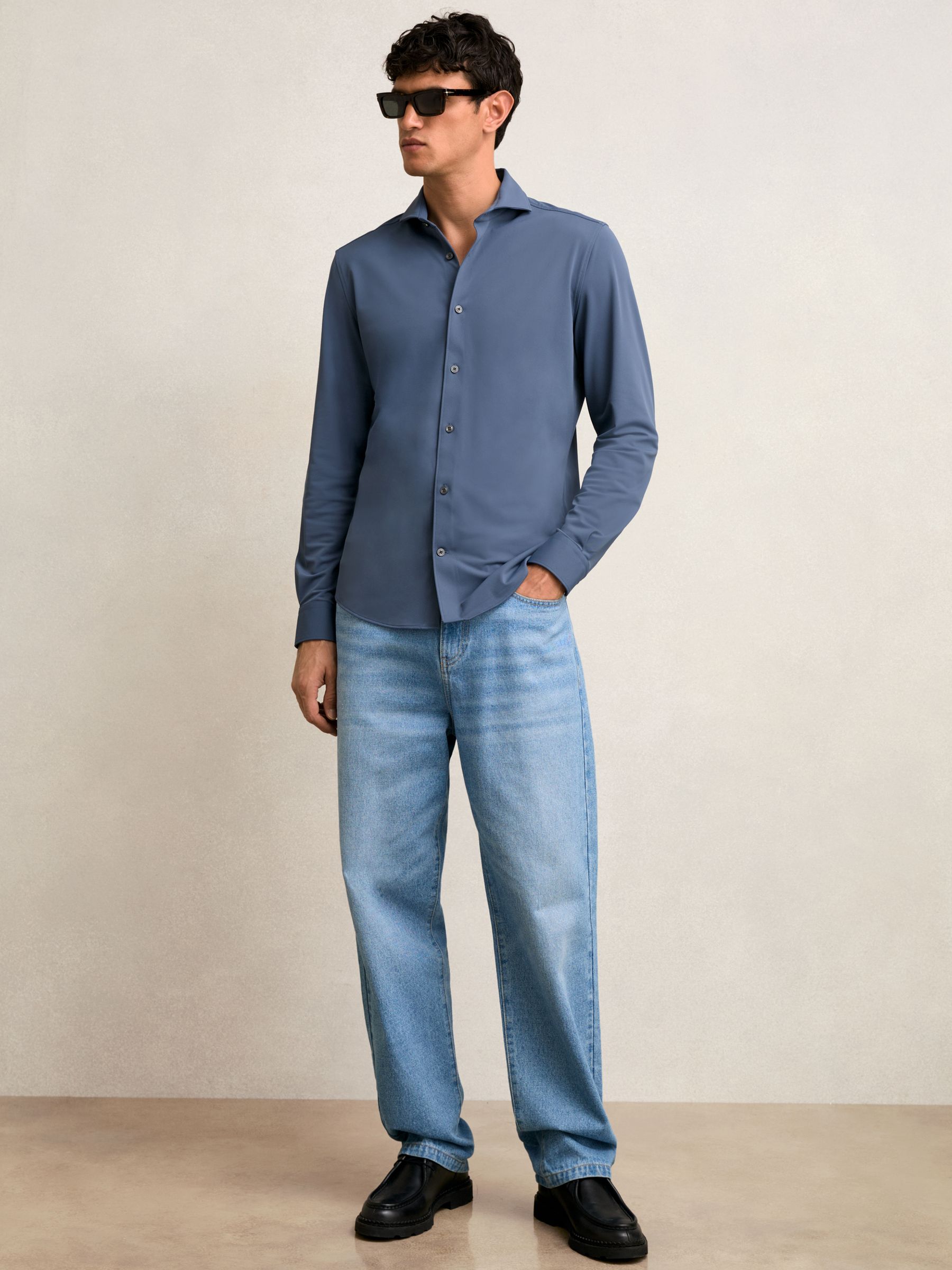 Stretch Jersey Cutaway-Collar Shirt in Dark Airforce Blue