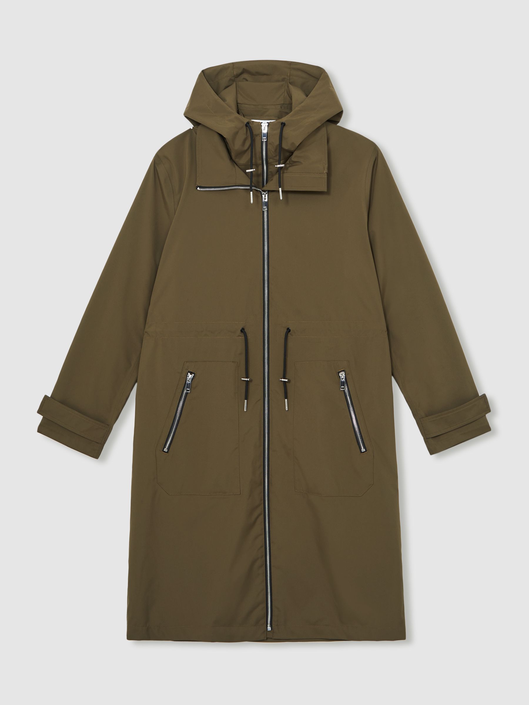 Petite Removable-Hood Parka Rain Coat in Khaki