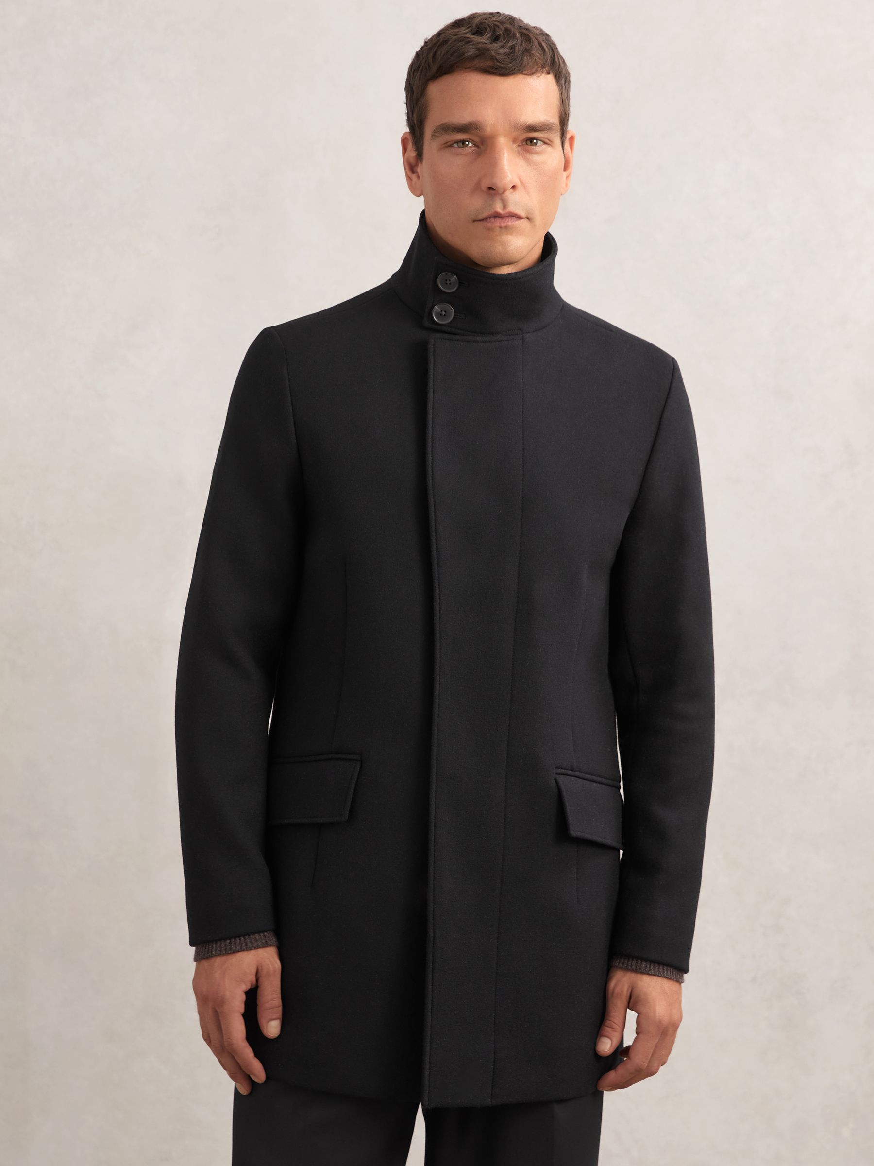 Wool-Blend Stand-Collar Coat in Black