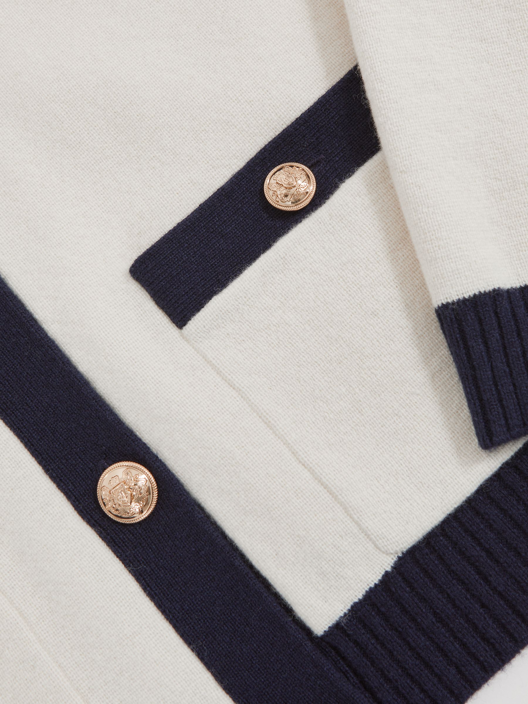 Wool-Cashmere Crew-Neck Cardigan in Cream/Navy