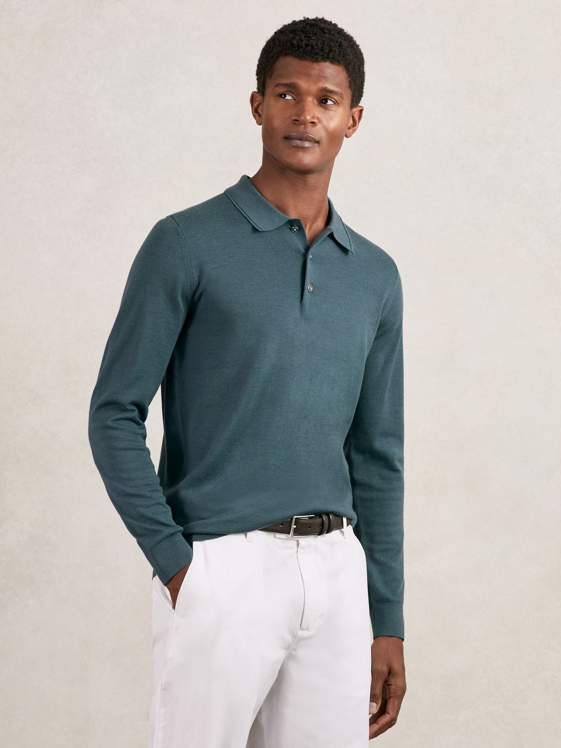 Merino Wool Long-Sleeve Polo Shirt in Beige