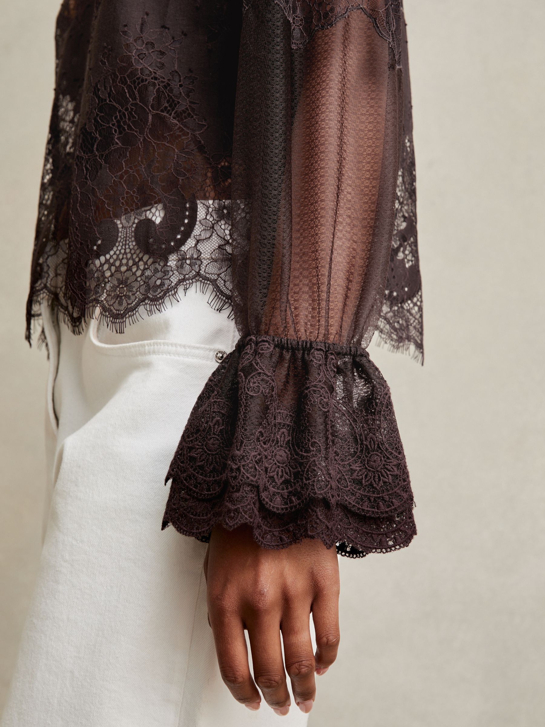 Lace Flared Cuff Blouse in Chocolate Brown