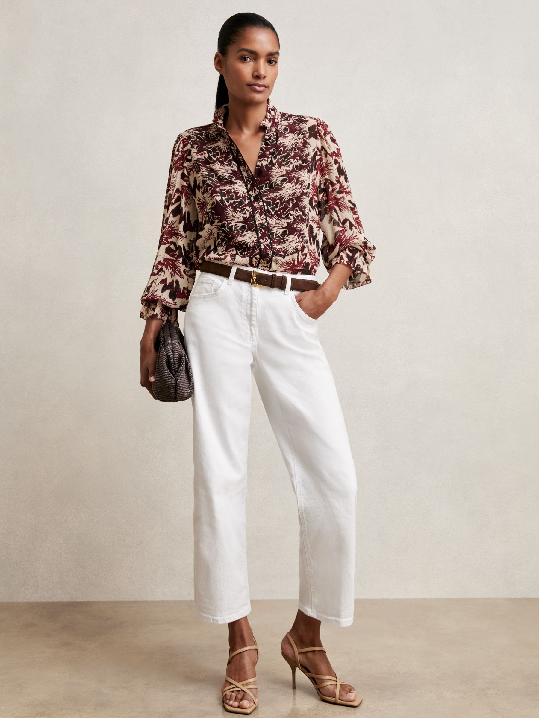 Abstract-Print Ruffle-Neck Shirt in Burgundy/Cream