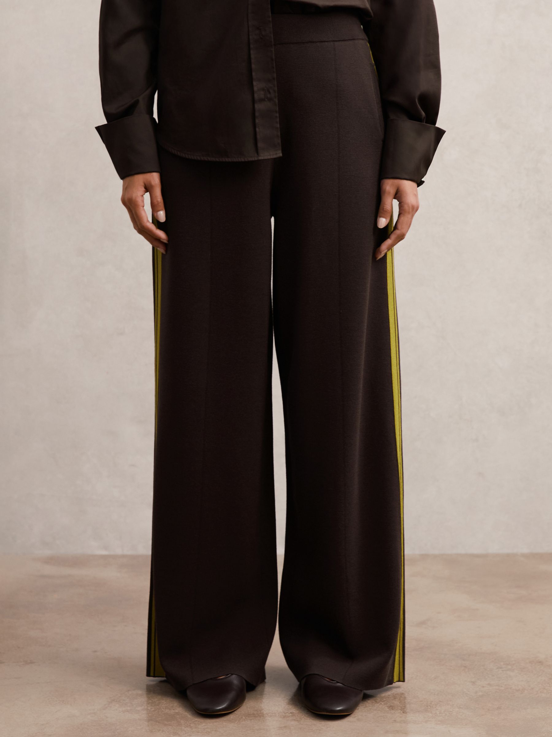 Knitted Side-Stripe Wide-Leg Trousers in Berry