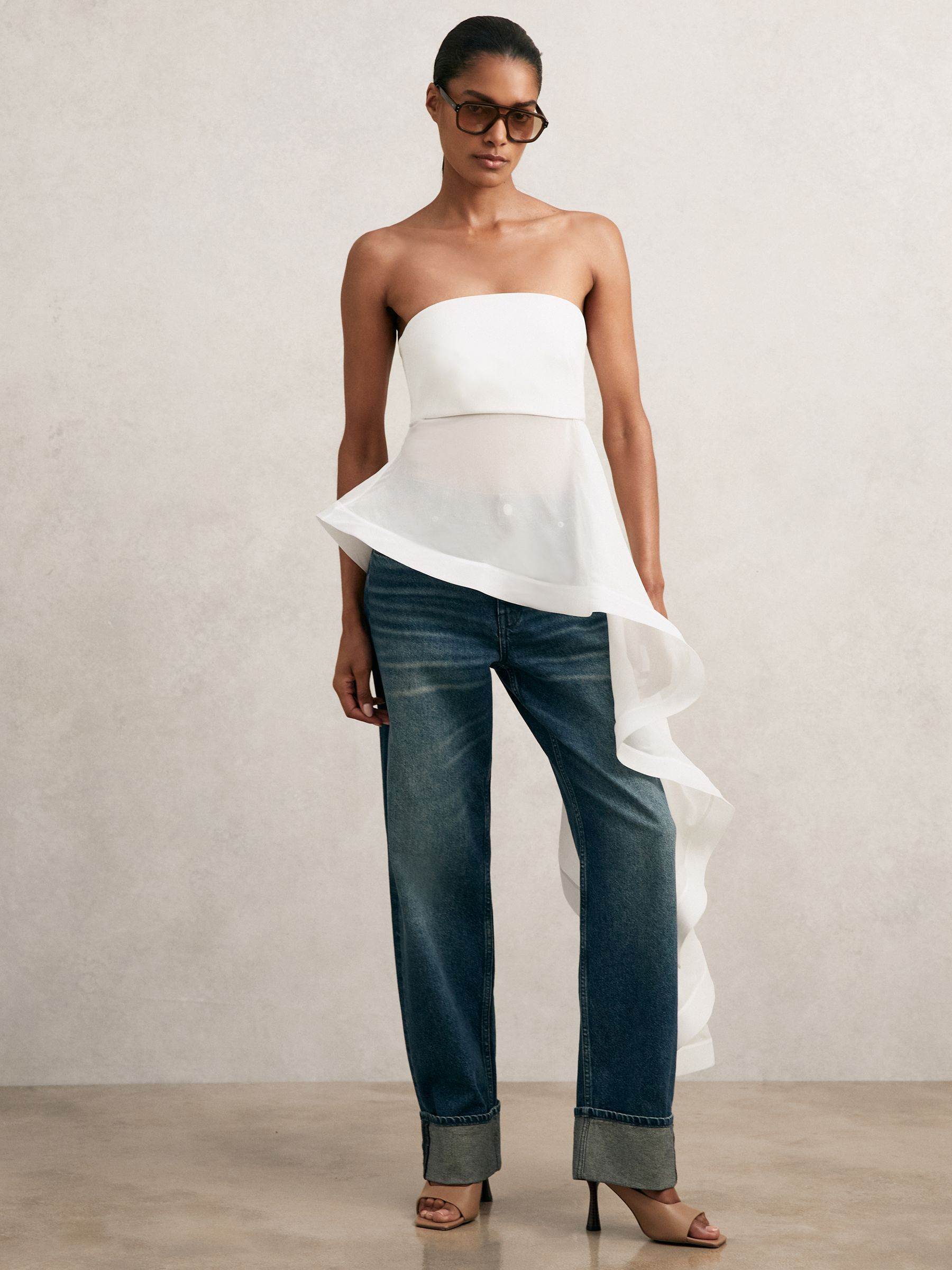 Silk Asymmetric-Ruffle Bandeau Top in Ivory