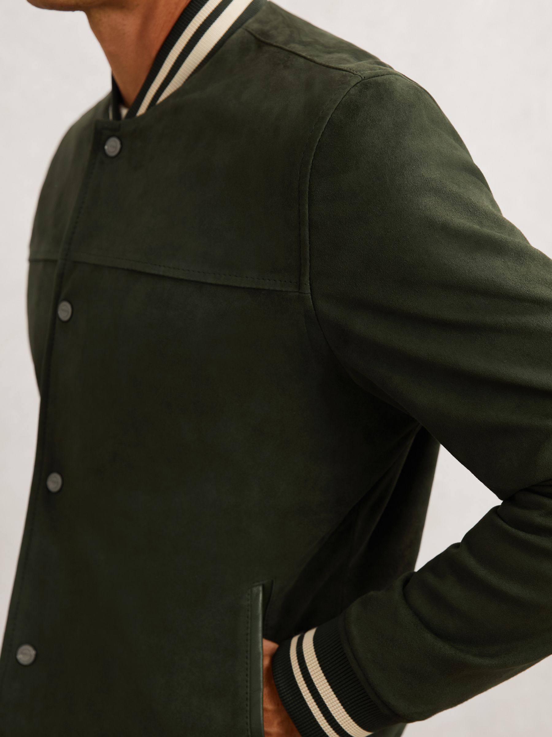 Suede Stripe-Trim Bomber Jacket in Forest Green
