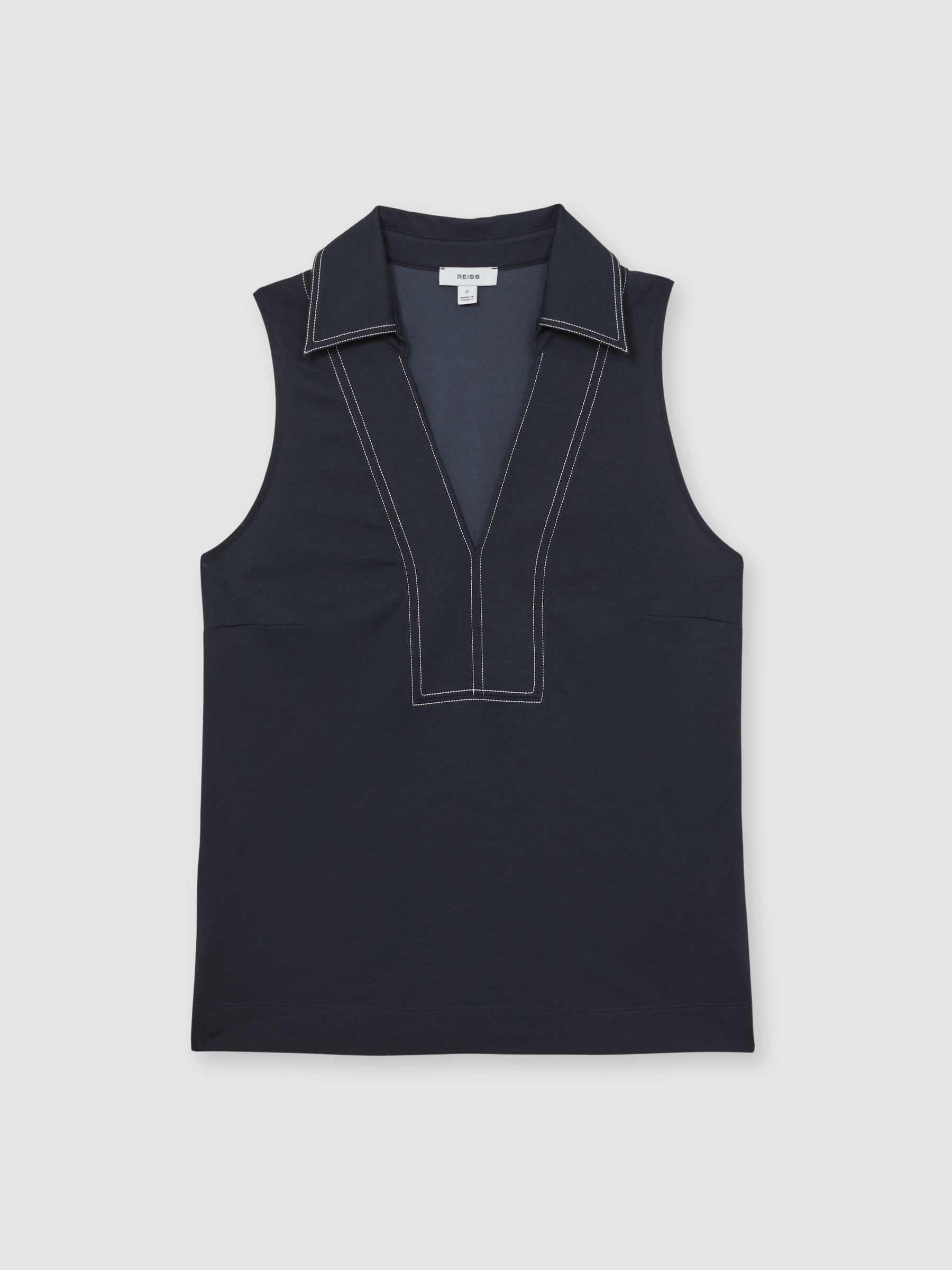 Cotton-Blend Collared Sleeveless Top in Navy/Ivory