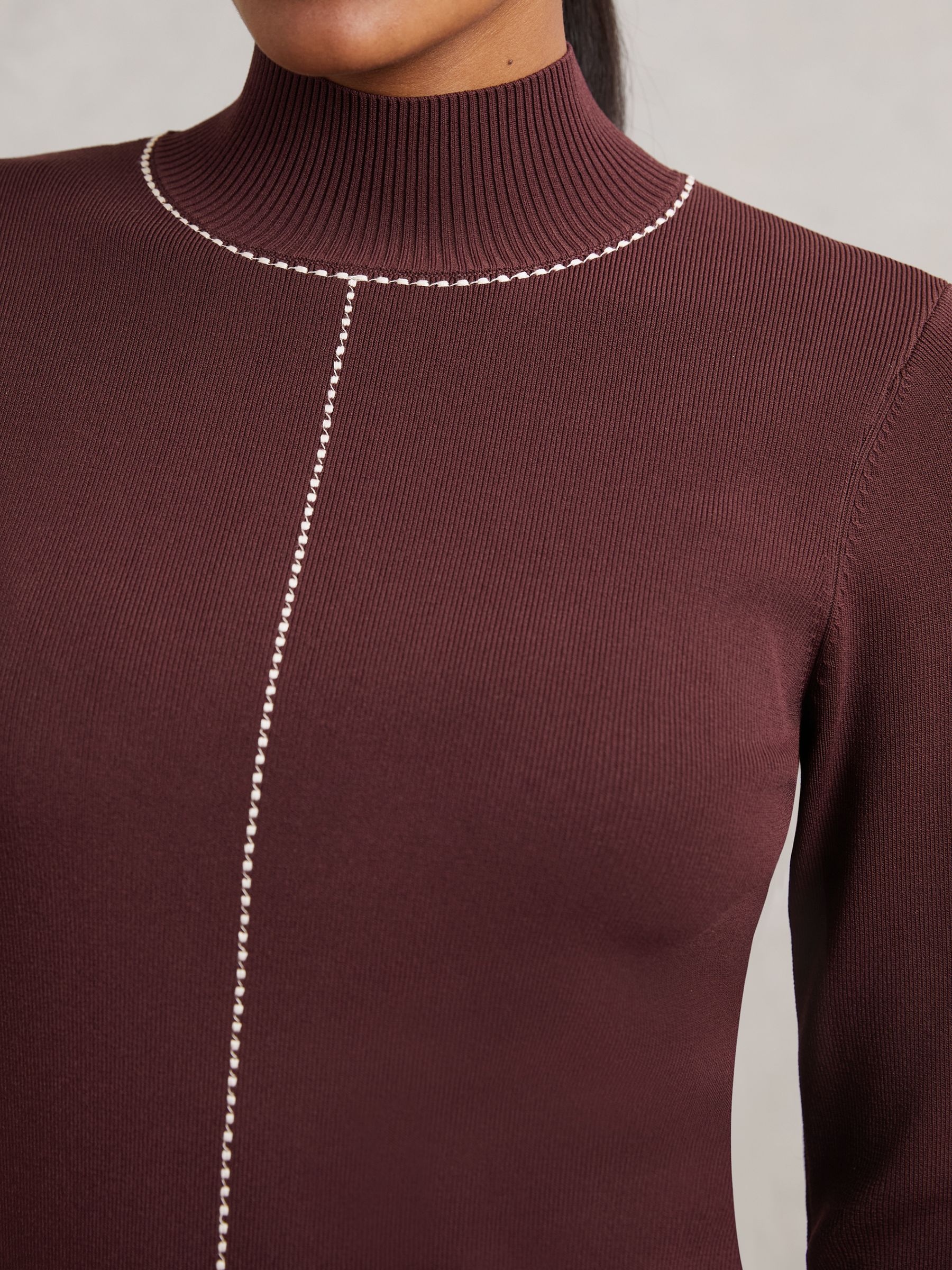 Stitch-Detail Funnel-Neck Jumper in Burgundy