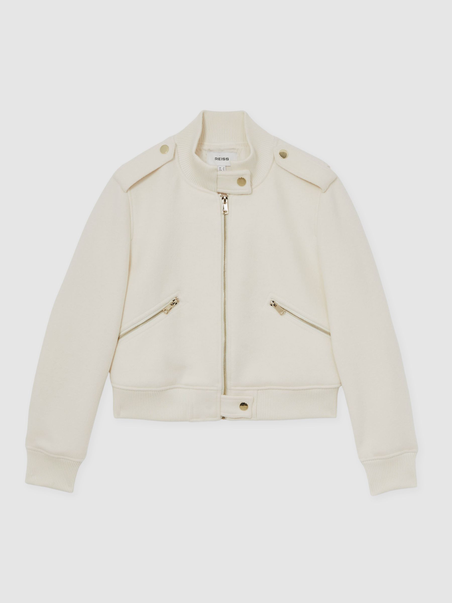 Brushed Wool Epaulette Bomber Jacket in Cream