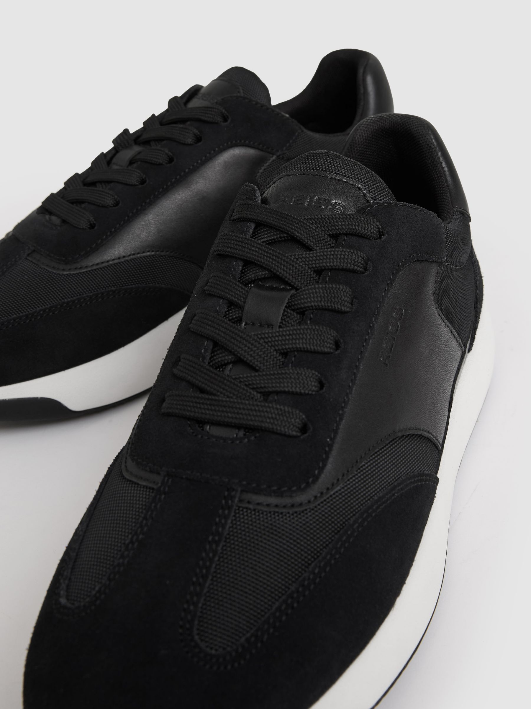 Leather Suede Running Trainers in Black/White