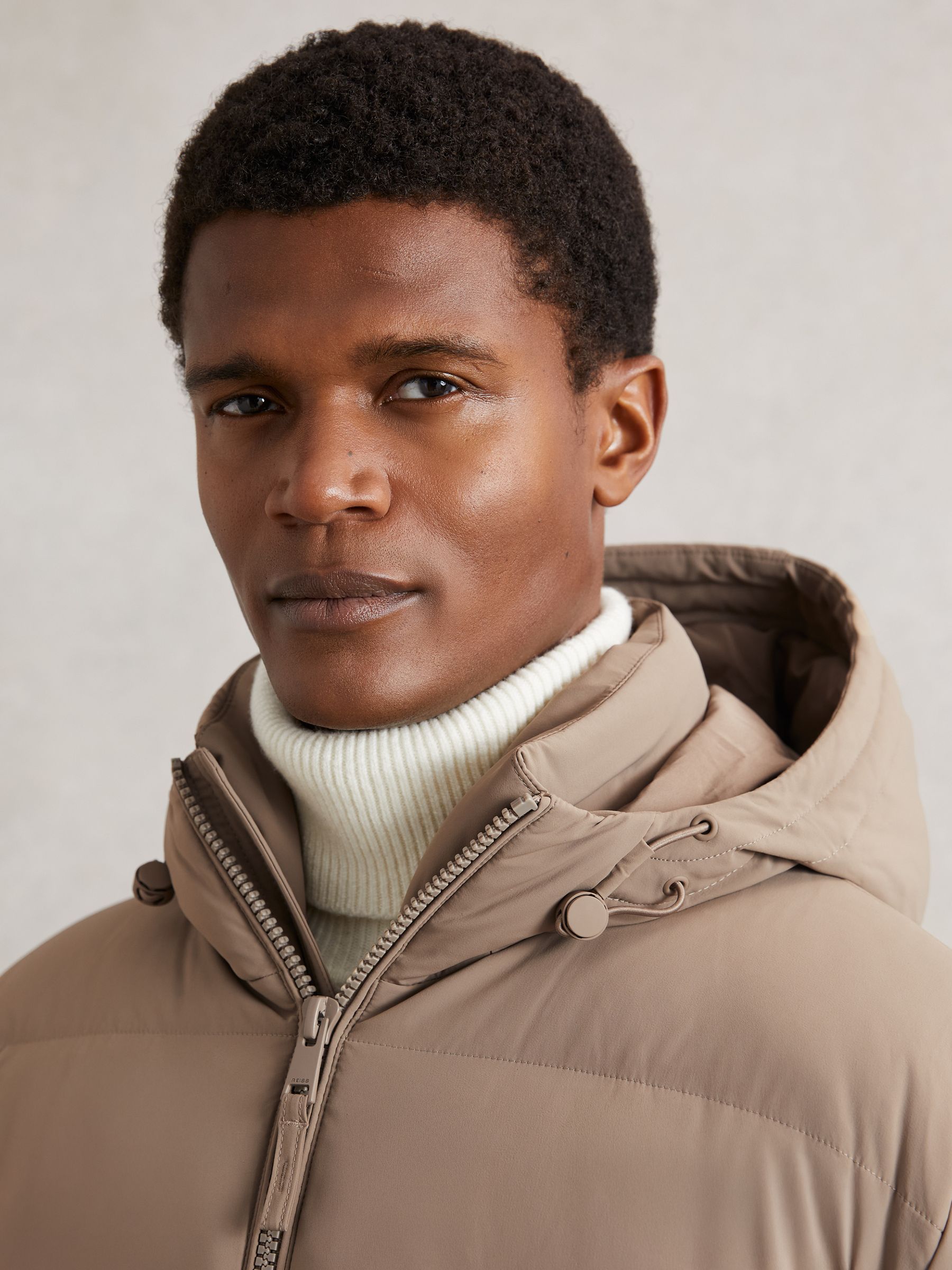 Quilted Zip-Through Puffer Jacket in Light Camel Brown