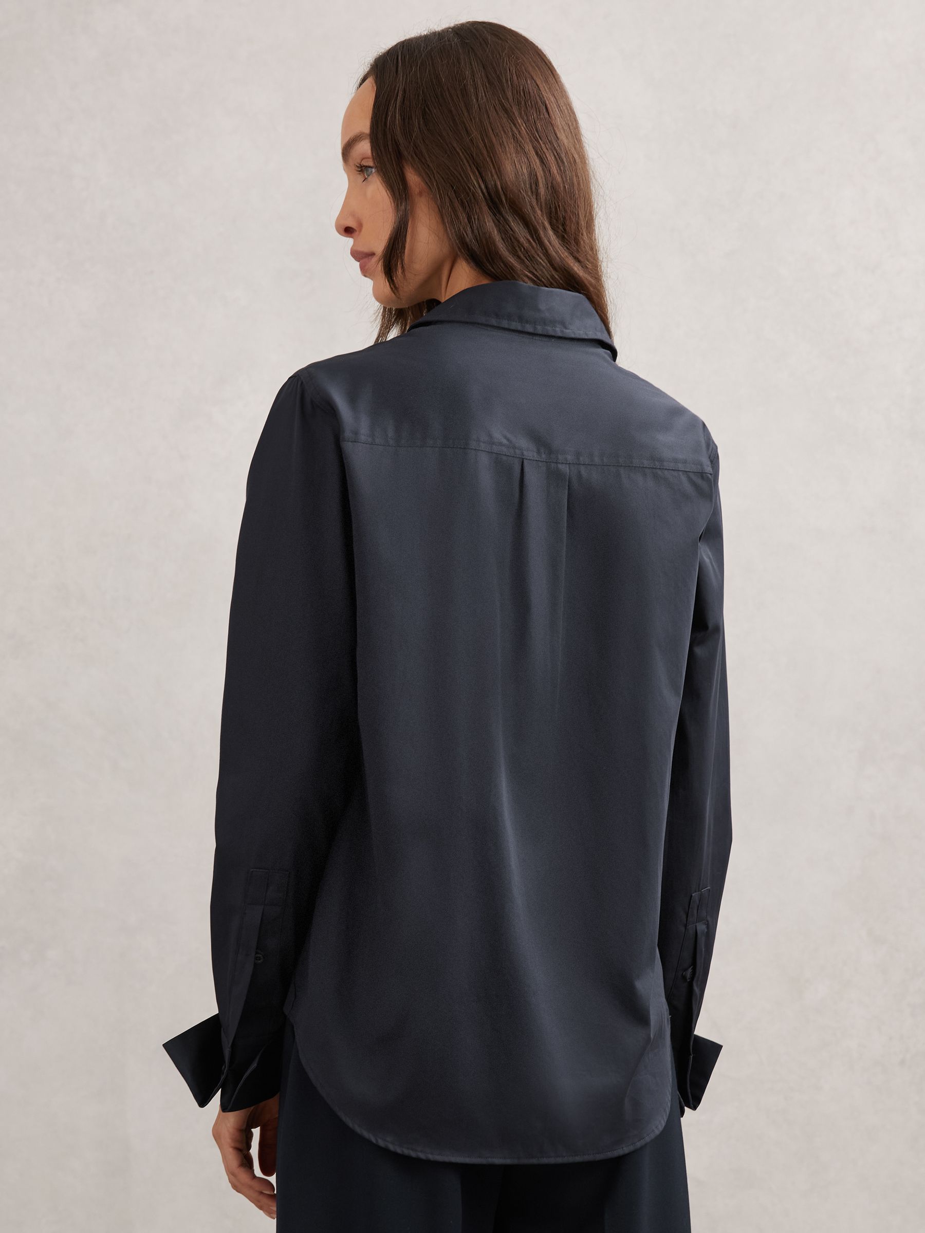 Cotton-Sateen Folded-Cuff Shirt in Navy