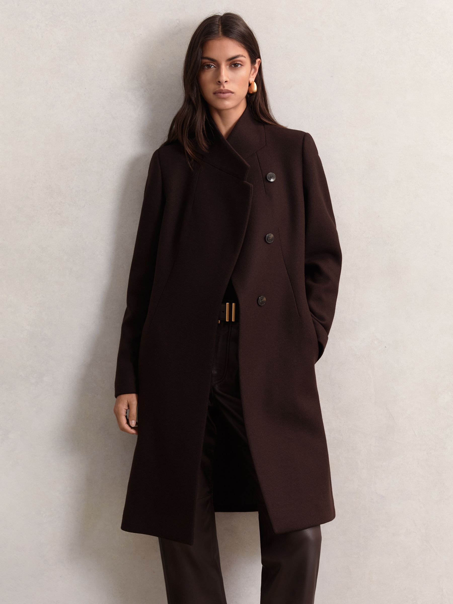 Wool-Blend Wrapover Mid-Length Coat in Camel