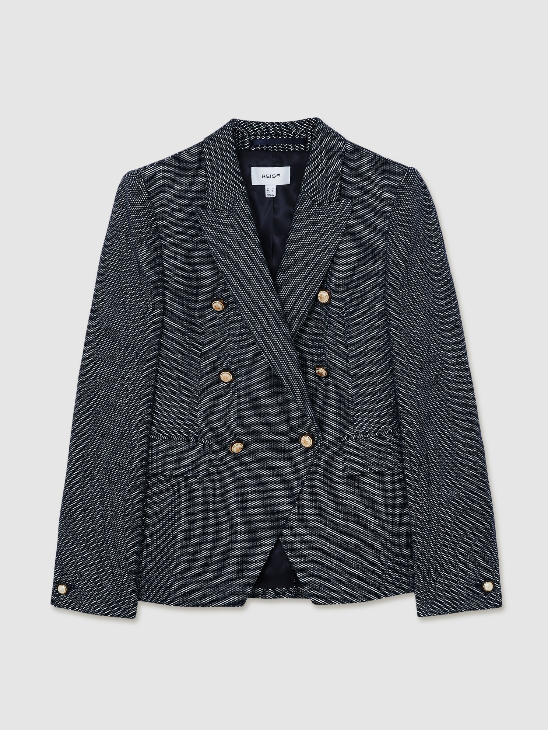 Petite Linen-Cotton Double-Breasted Blazer in Navy