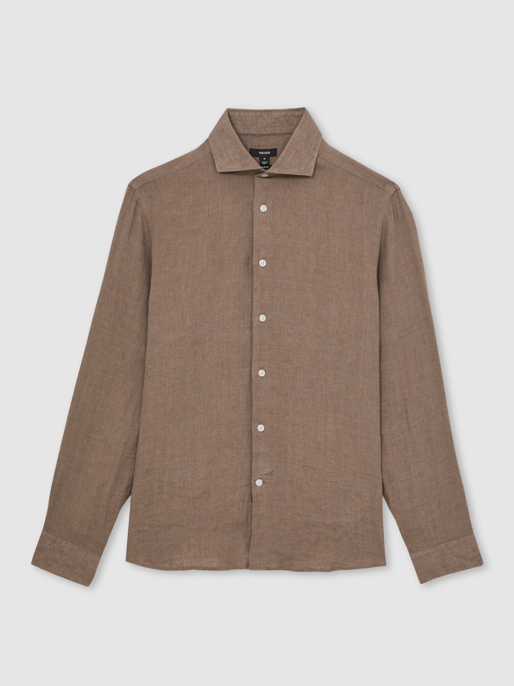Linen Cutaway-Collar Shirt in Light Taupe Brown