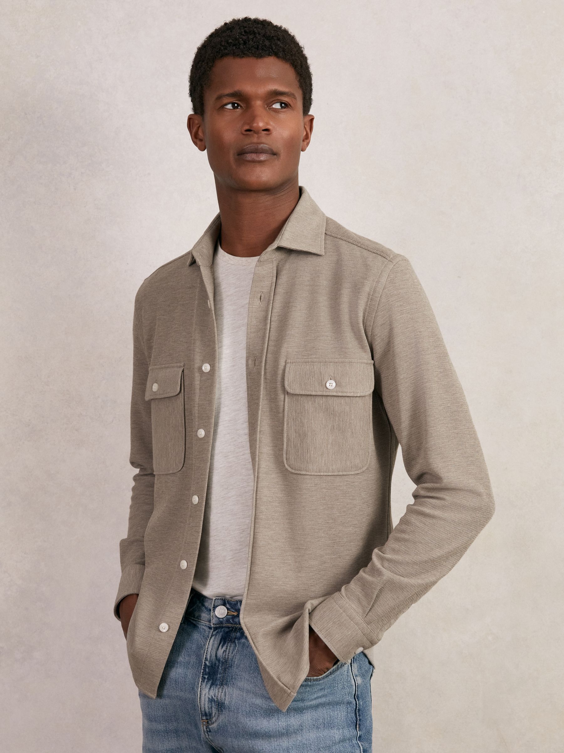 Textured Twin Pocket Cotton Blend Overshirt in Oatmeal Brown Melange
