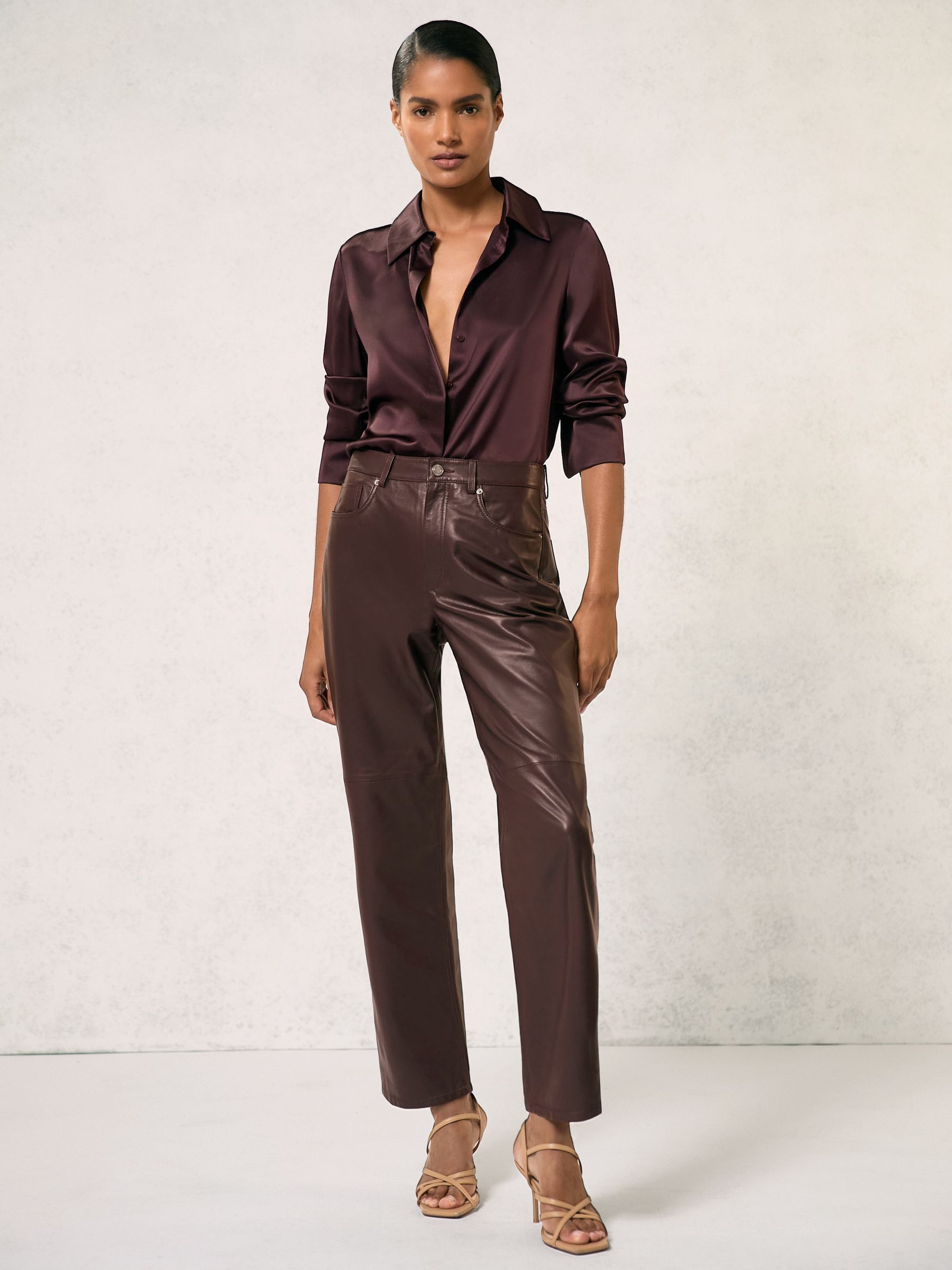Petite Leather Slim-Leg Trousers in Chocolate