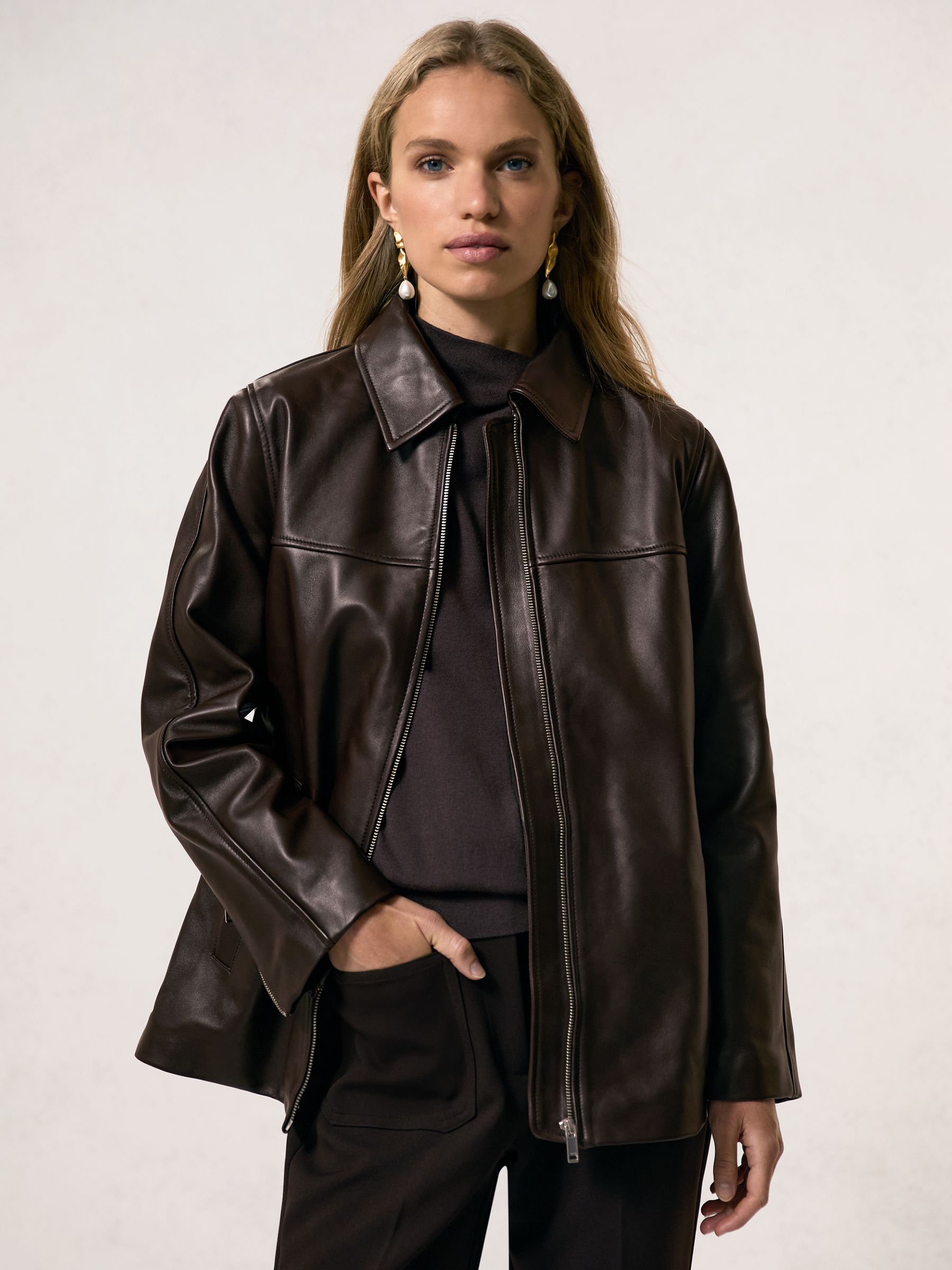 Longline Leather Jacket in Chocolate Brown