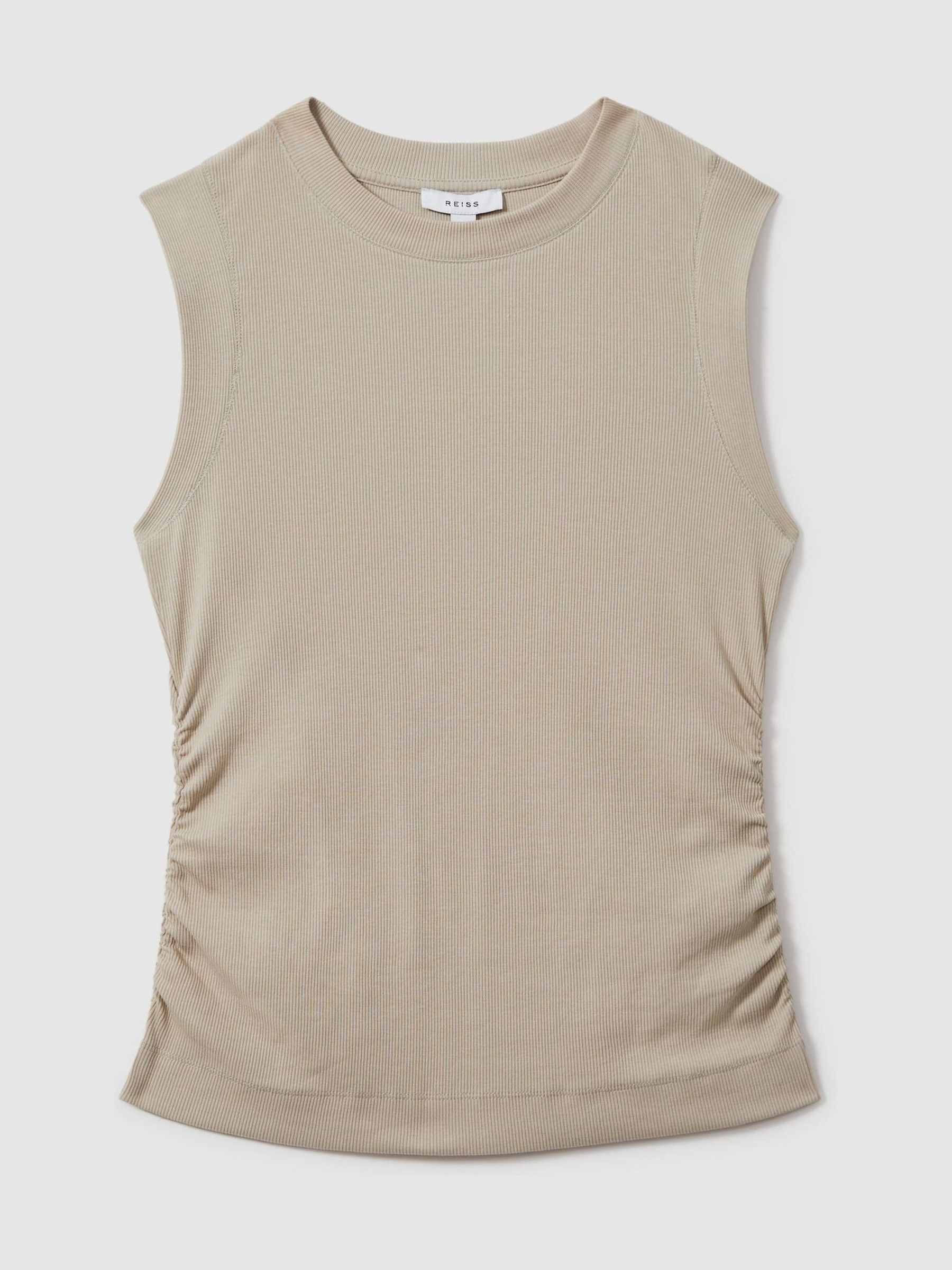 Fine-Rib Ruched Vest Top in Light Camel