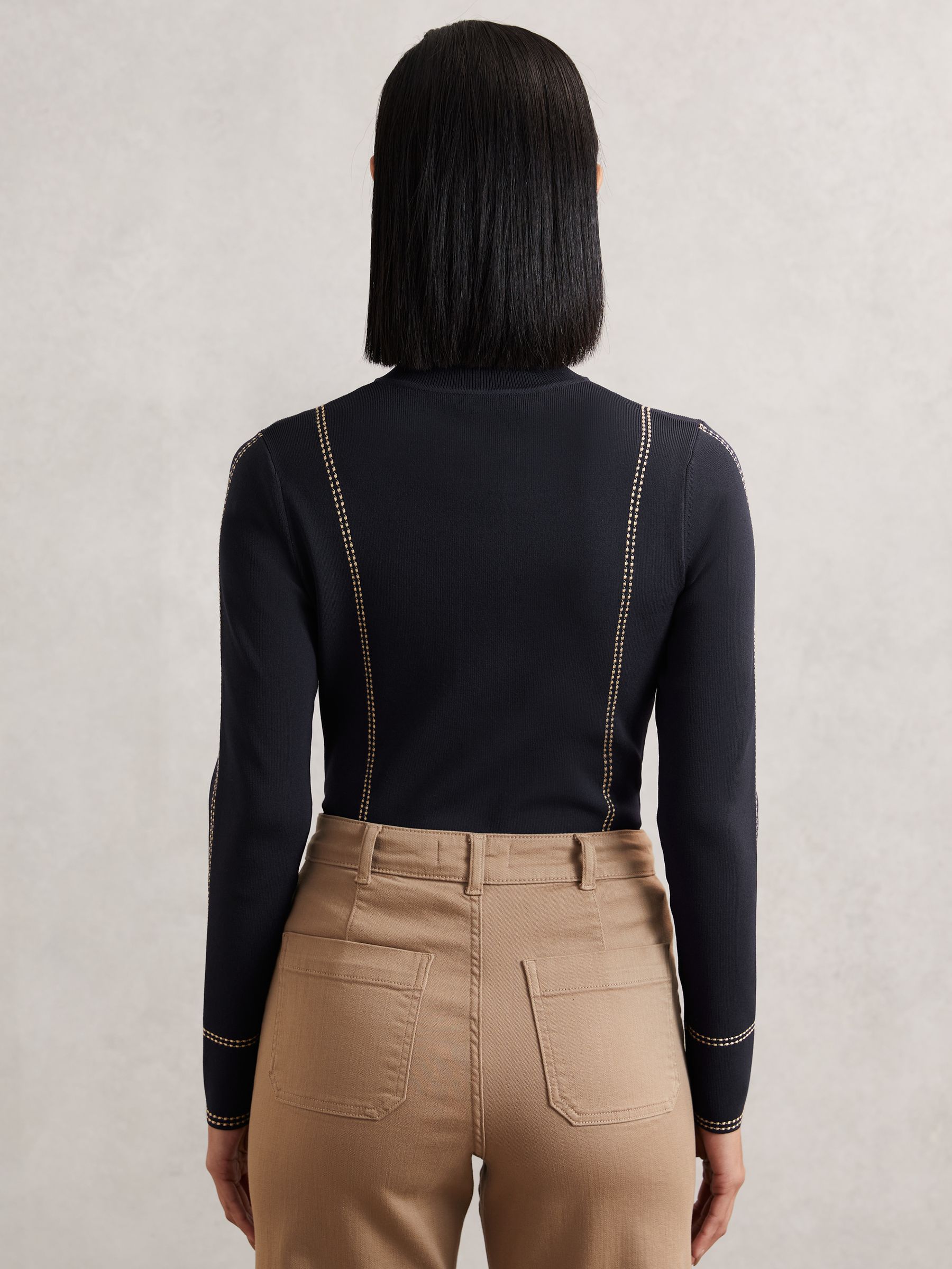 Contrast-Stitch Knit Top in Navy