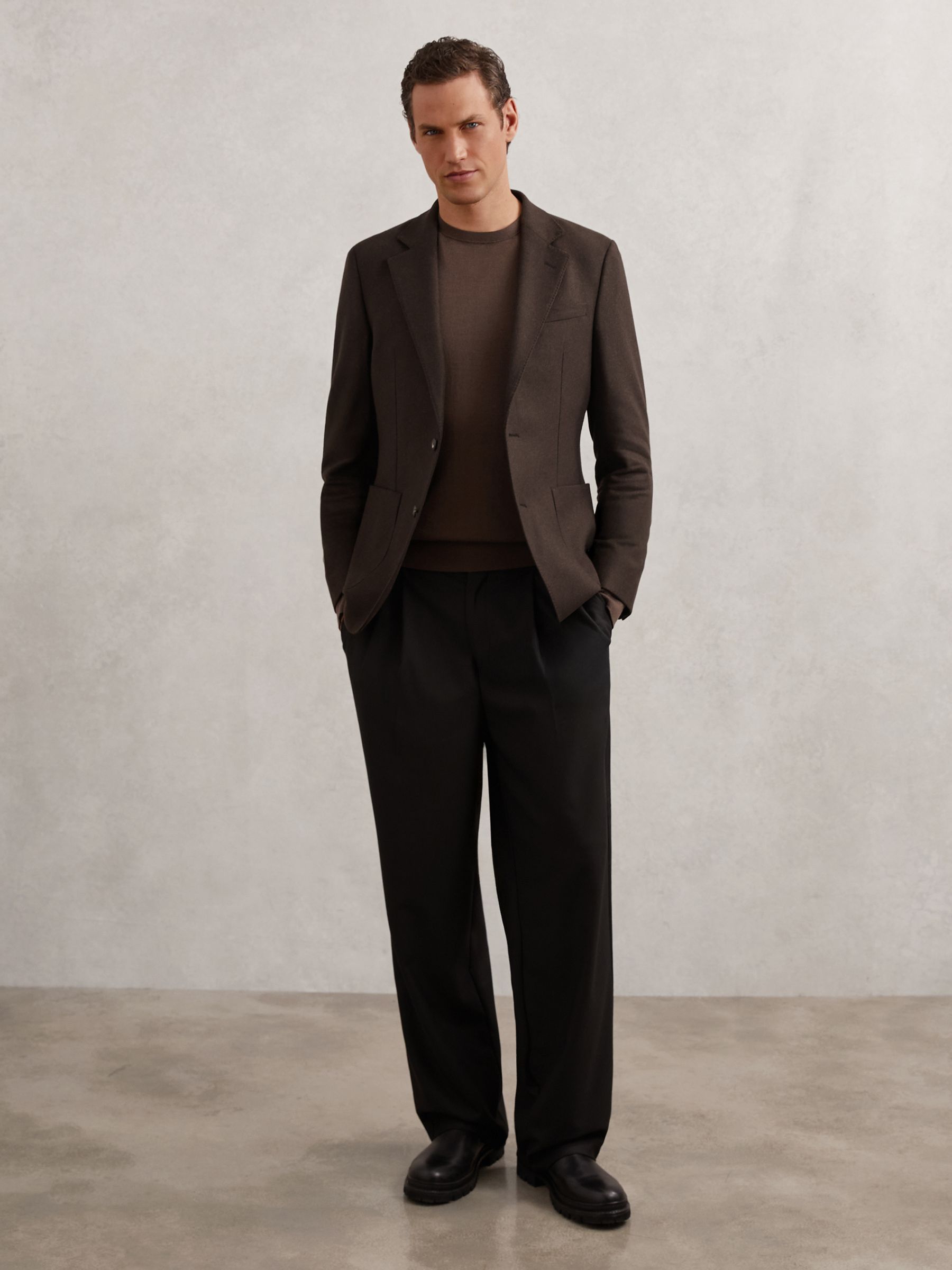 Flannel Slim-Fit Single-Breasted Blazer with Wool in Chocolate Brown