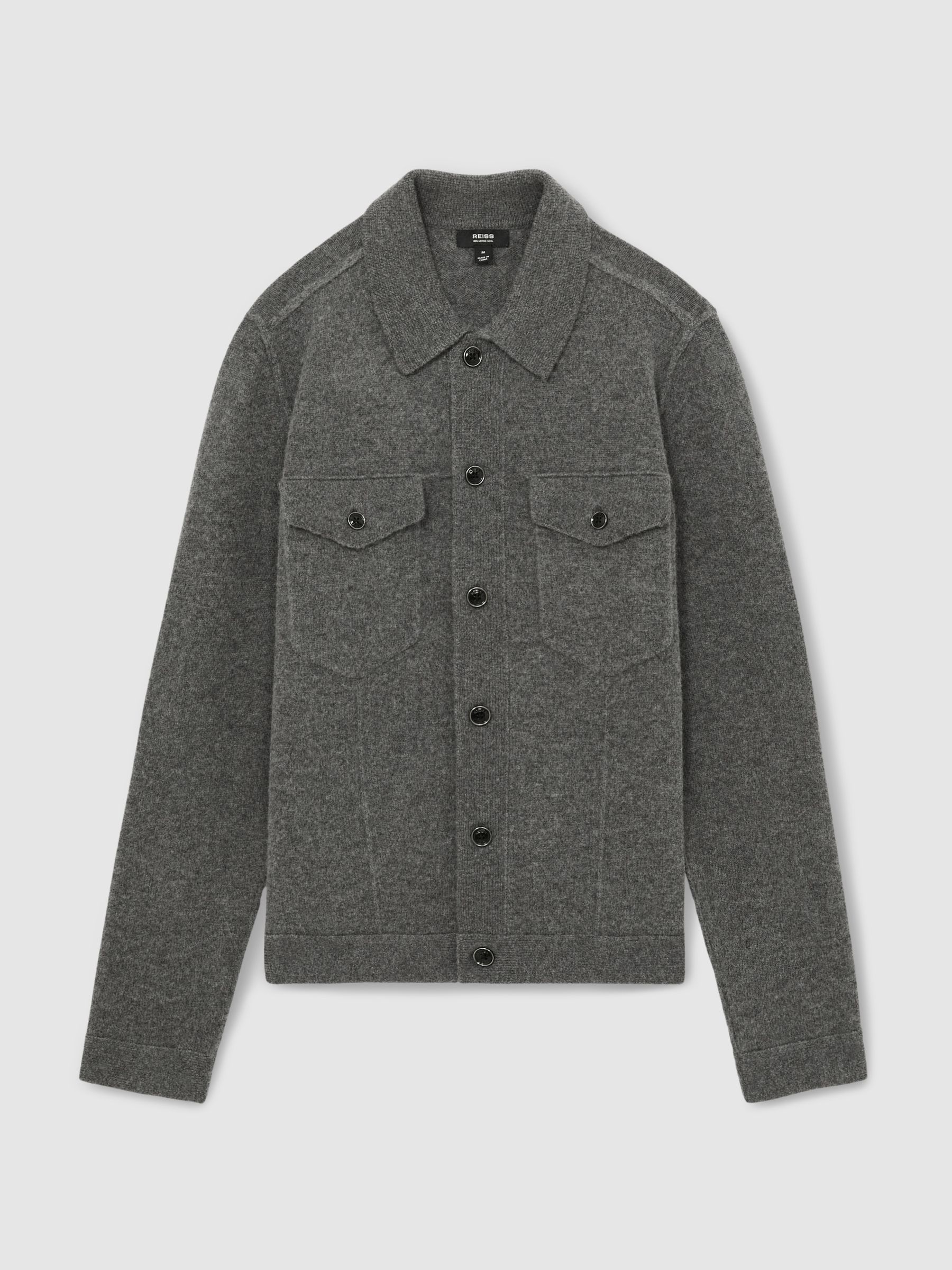 Wool Button Through Knitted Jacket in Charcoal