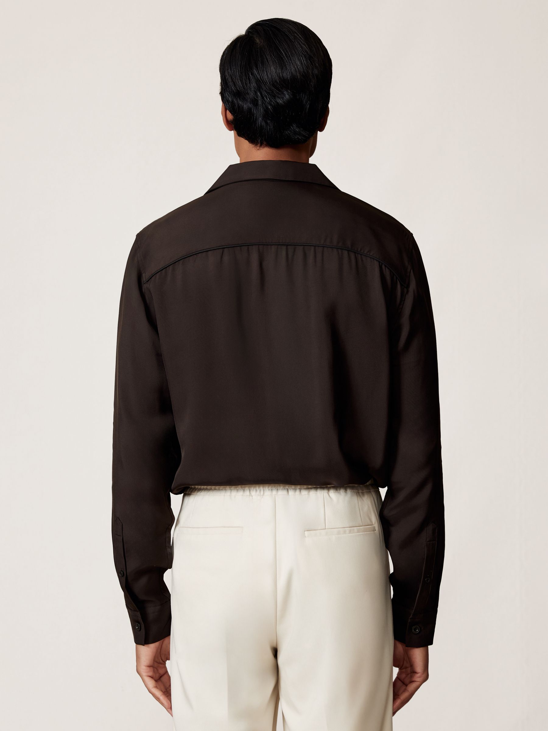 Twill Piped Cuban-Collar Shirt in Chocolate Brown