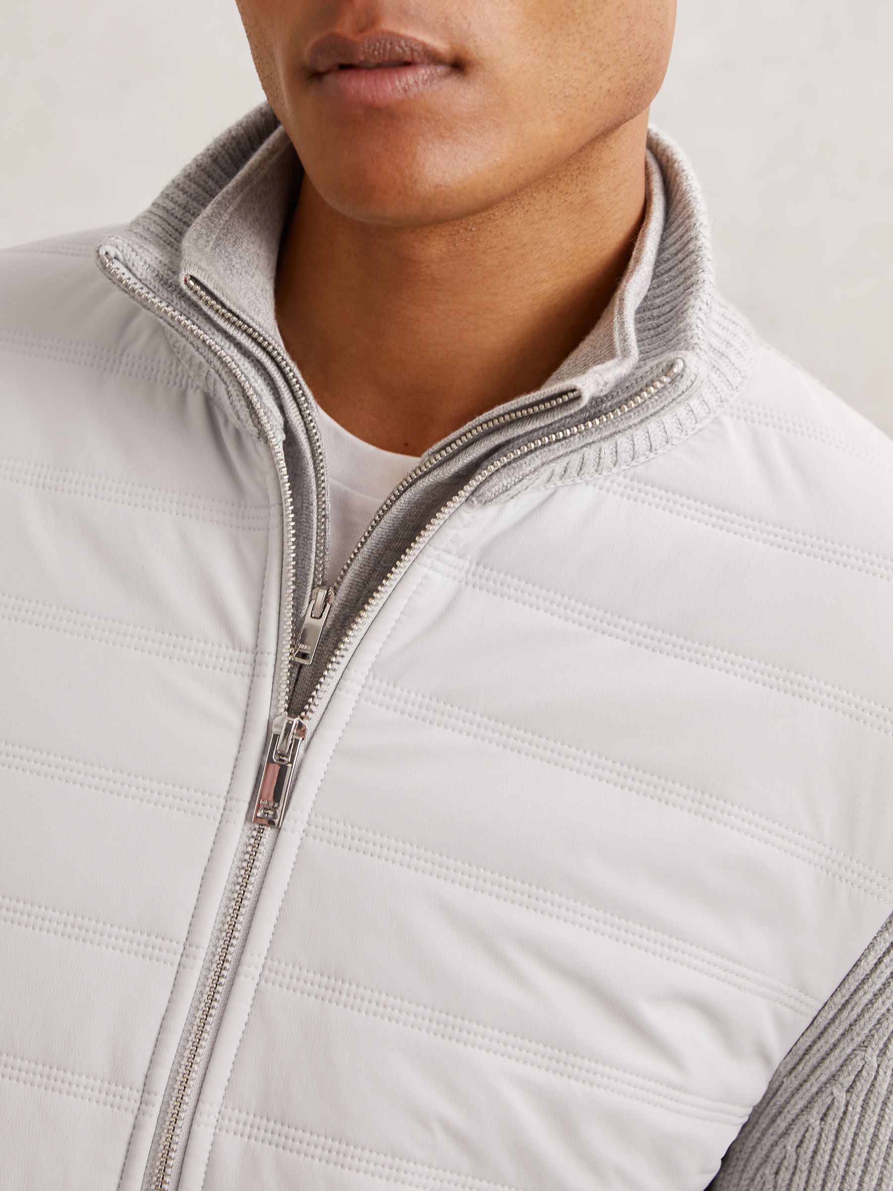 Quilted Rib-Knit Funnel-Neck Jacket in Soft Grey