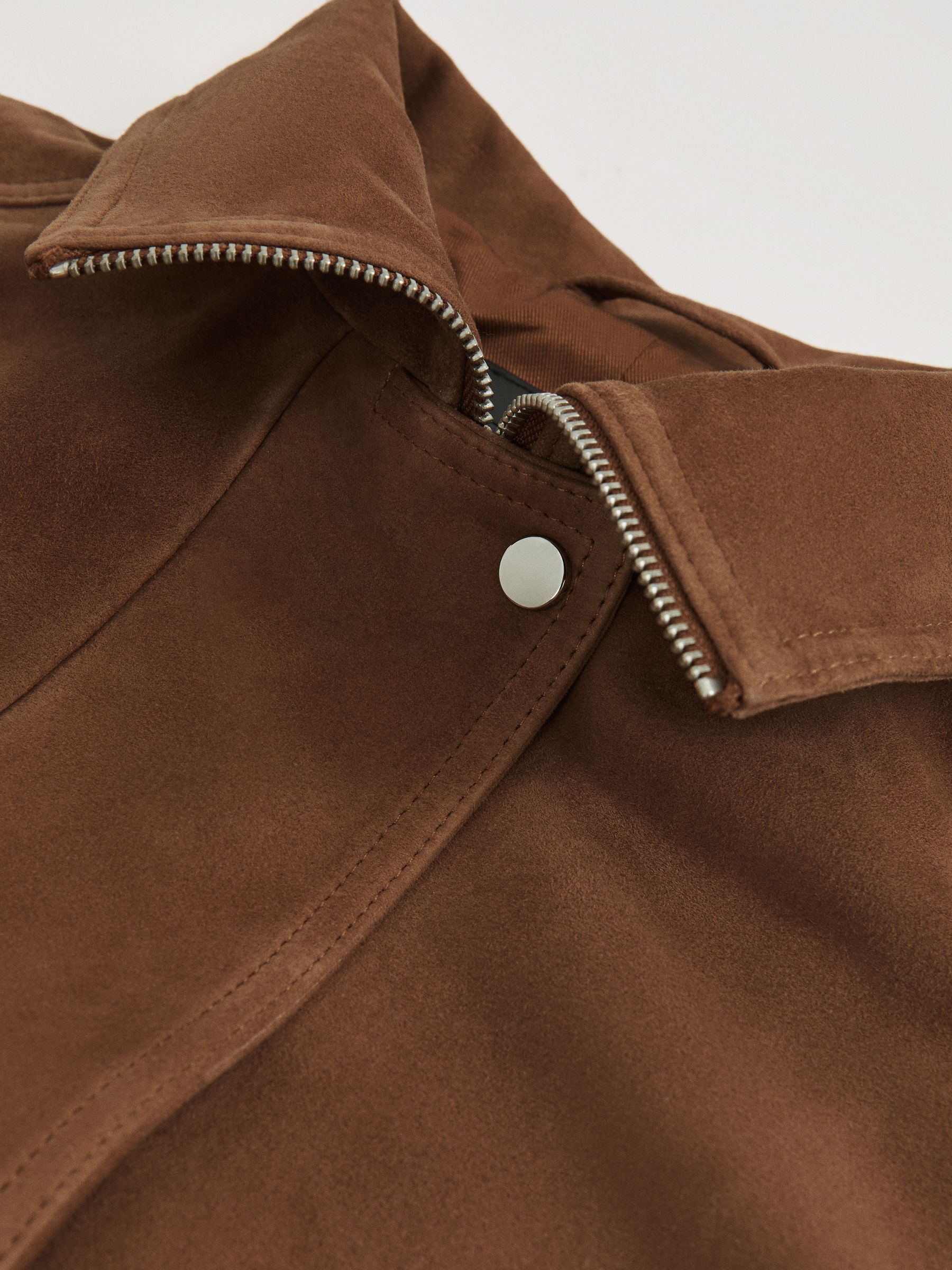 Suede Funnel-Neck Bomber Jacket in Tan