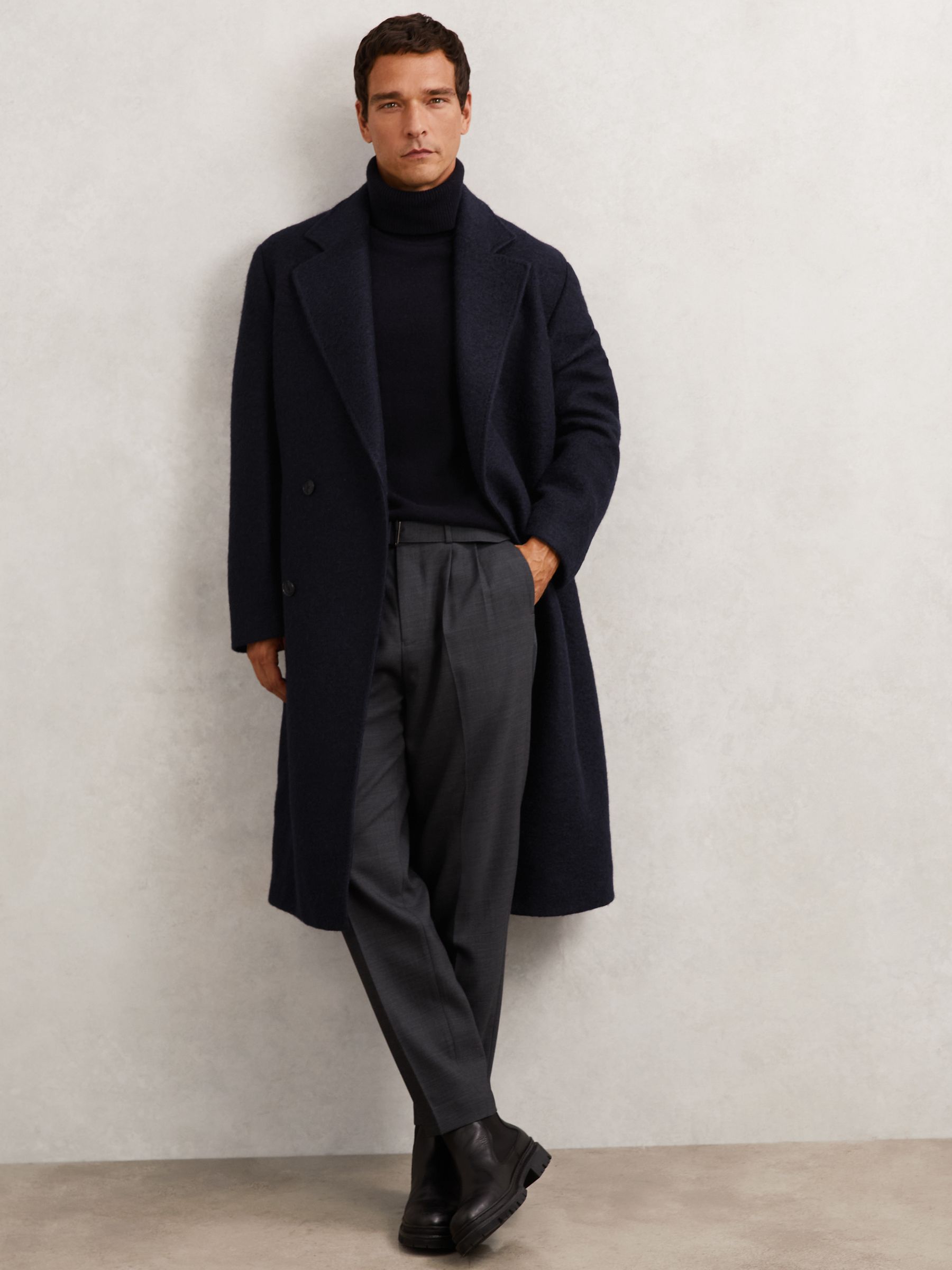Bouclé Double-Breasted Overcoat Wool-Blend in Navy