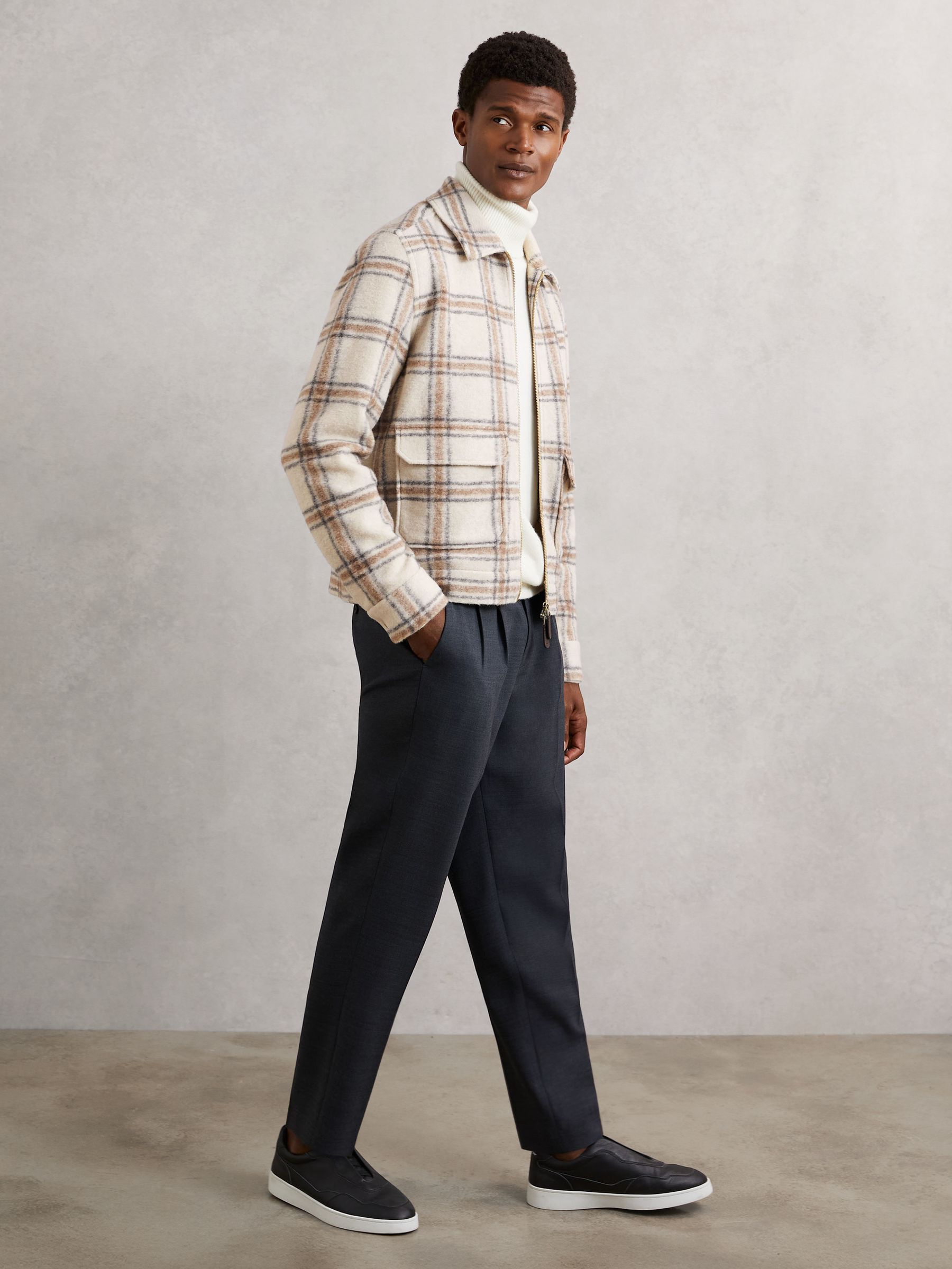 Zip-Through Check Overshirt with Wool in Stone