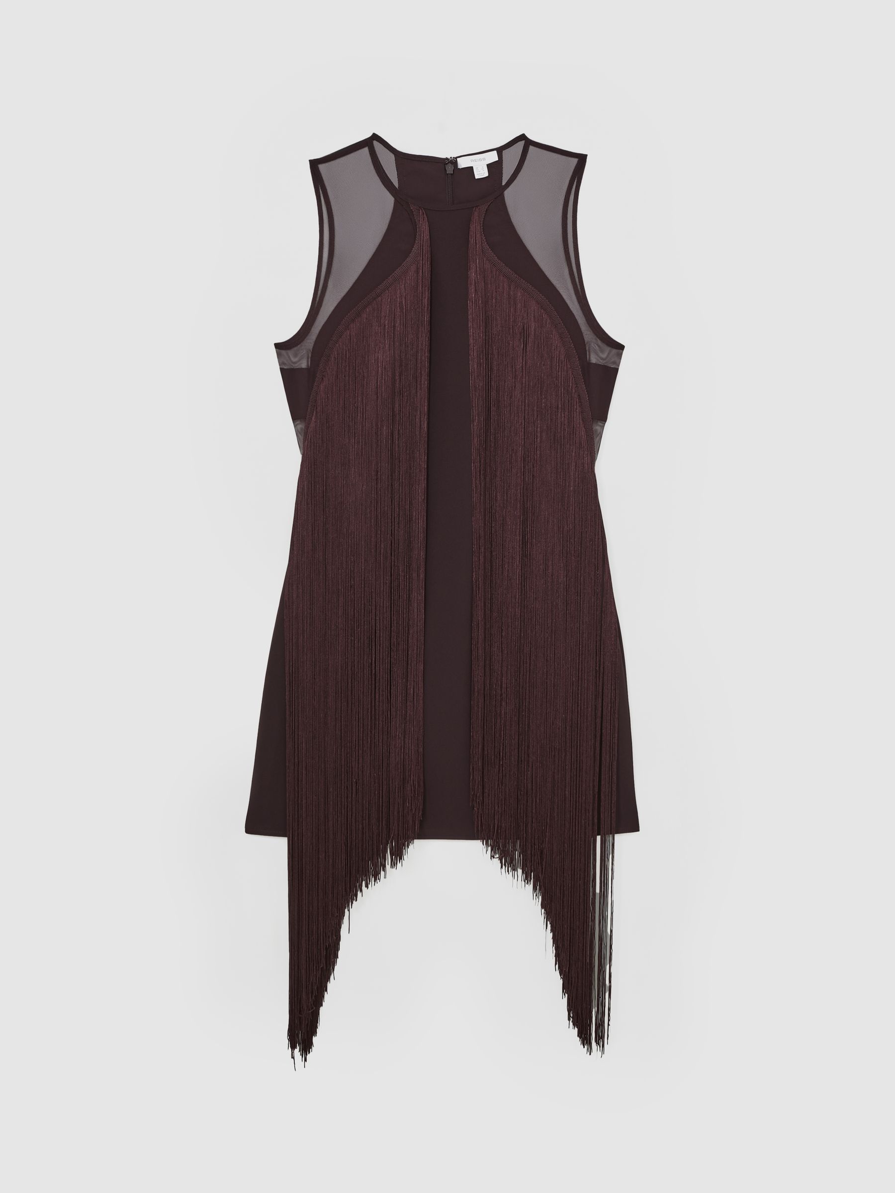 Fringe-Detail Sheer-Panel Mini Dress in Burgundy